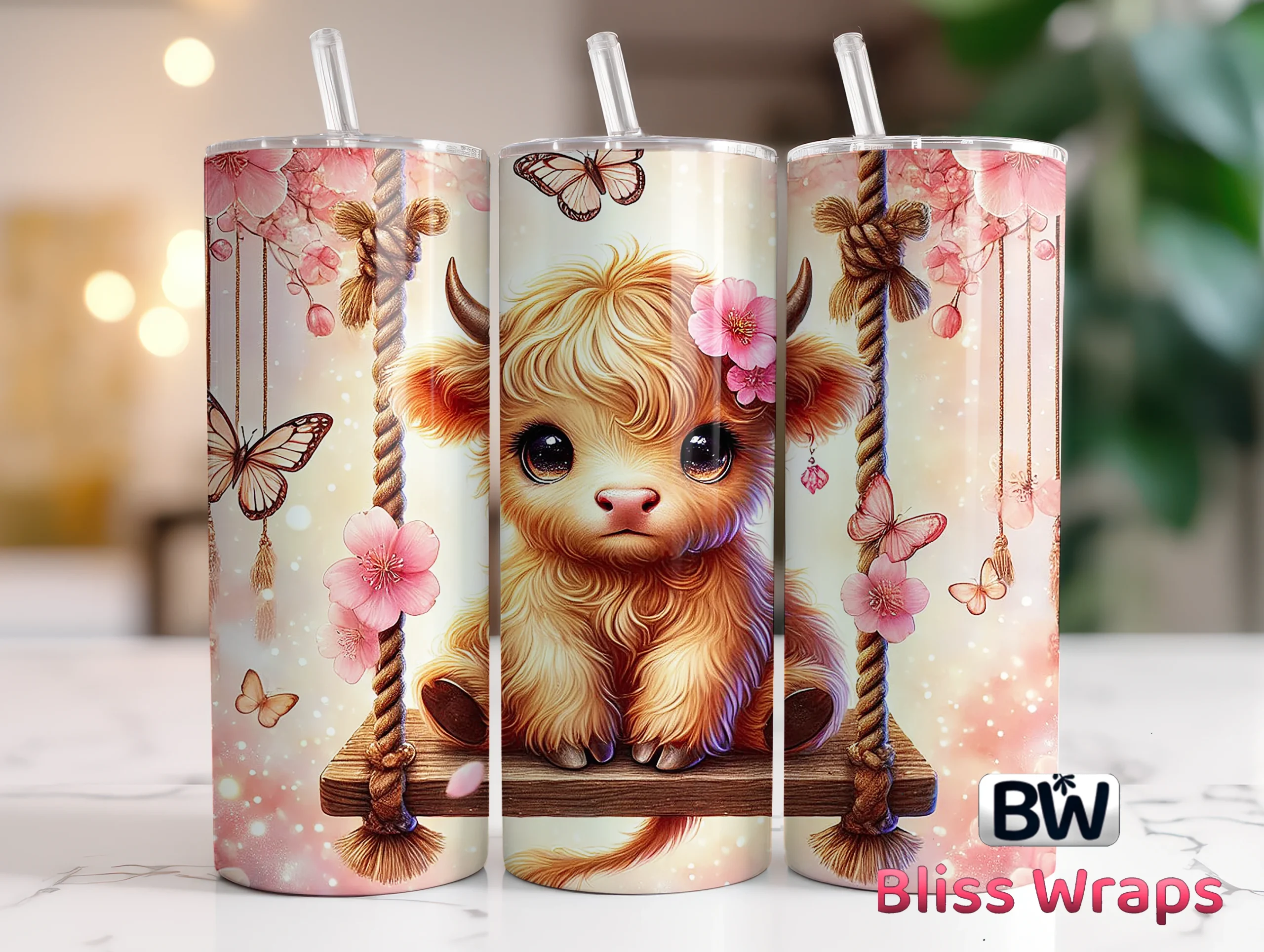 Highland Cow Tumbler Wraps PNG featuring highland cow and swing