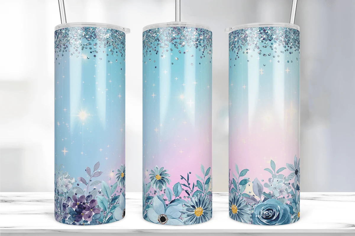 Holographic Glitter Floral Tumbler Wrap preview showing botanical motifs with soft watercolor texture