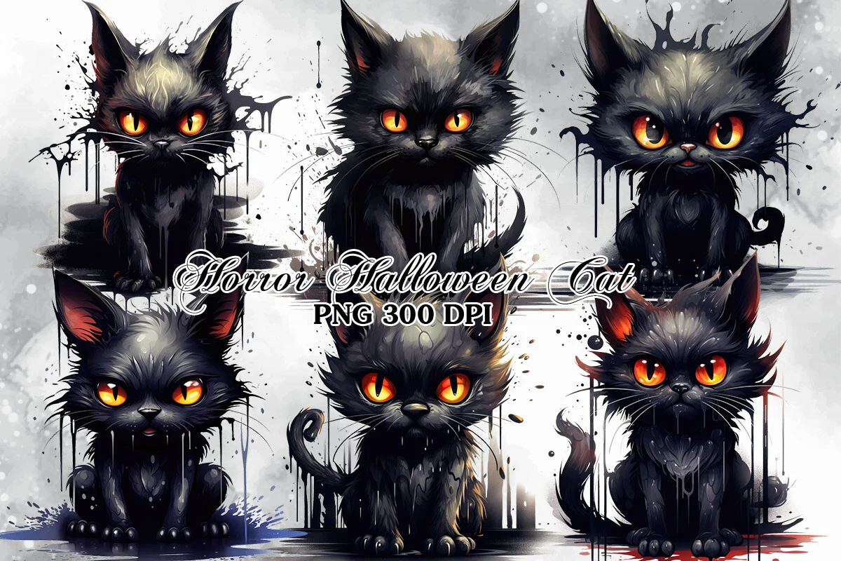 Horror Halloween Cat Watercolor Clipart preview showing cats with soft watercolor texture
