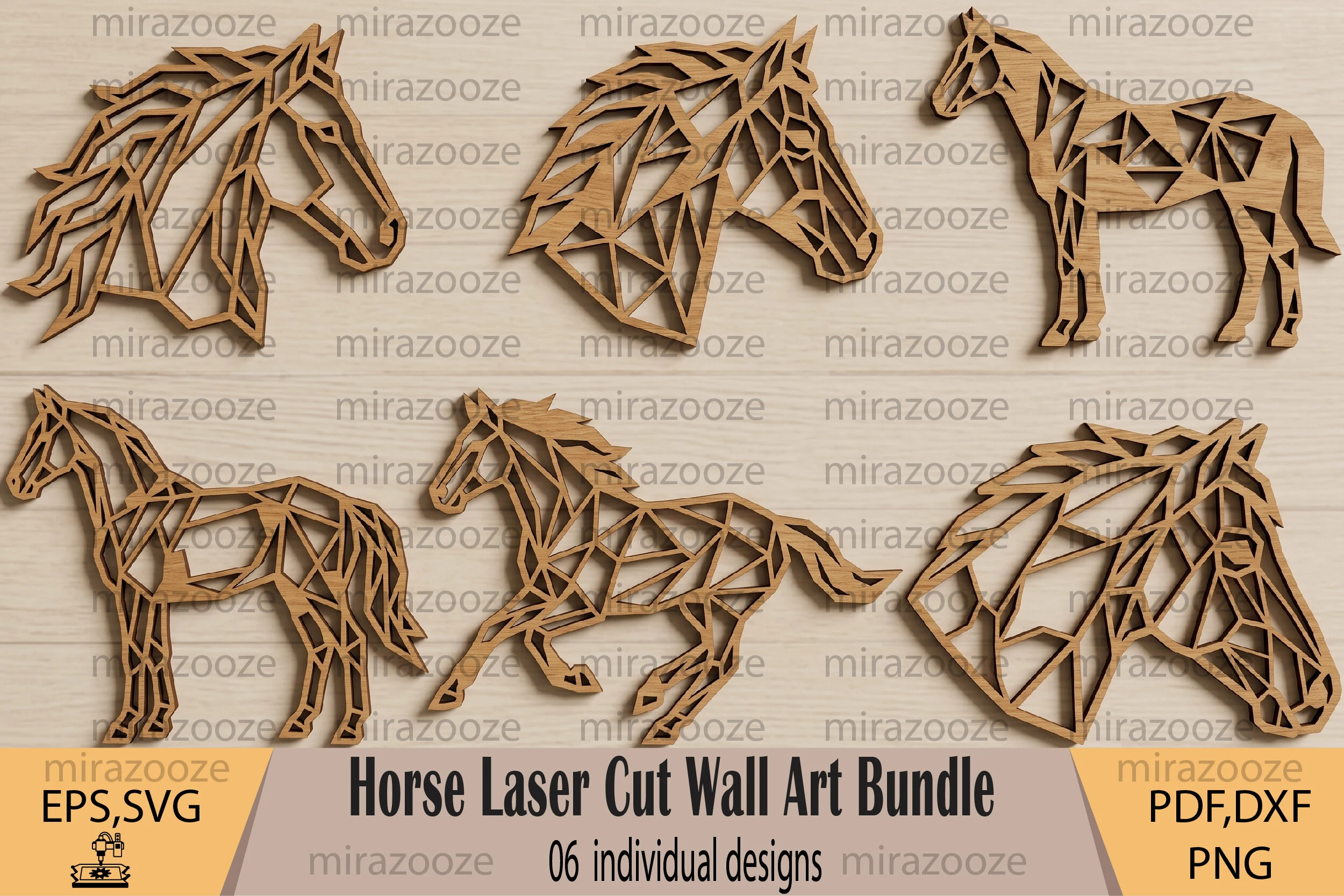 Horse Laser Cut Wall Art Bundle containing six geometric, low-poly horse designs in both head-only and full-body poses, presented as laser-cut wood style illustrations.