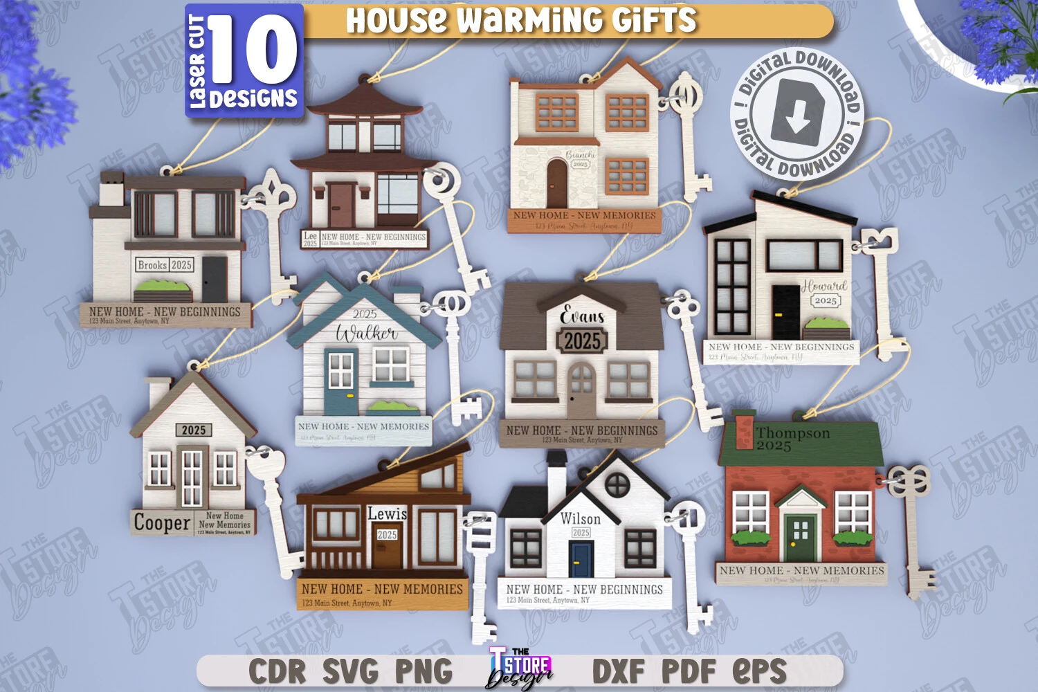 Housewarming Keychains Laser Cut Bundle featuring house ornaments and skeleton keys