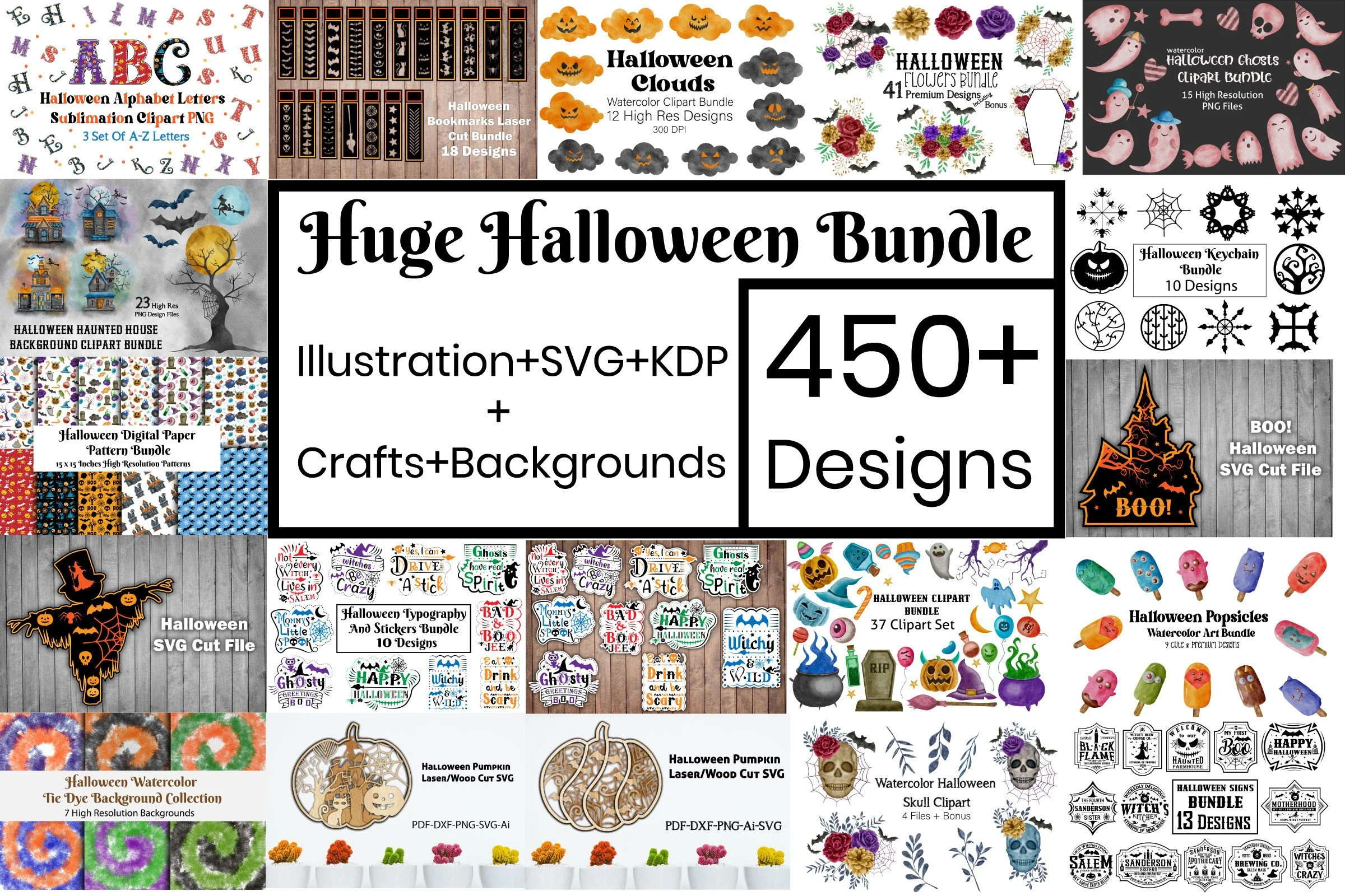 Huge Halloween Illustration & SVG Bundle featuring Halloween characters and pumpkins