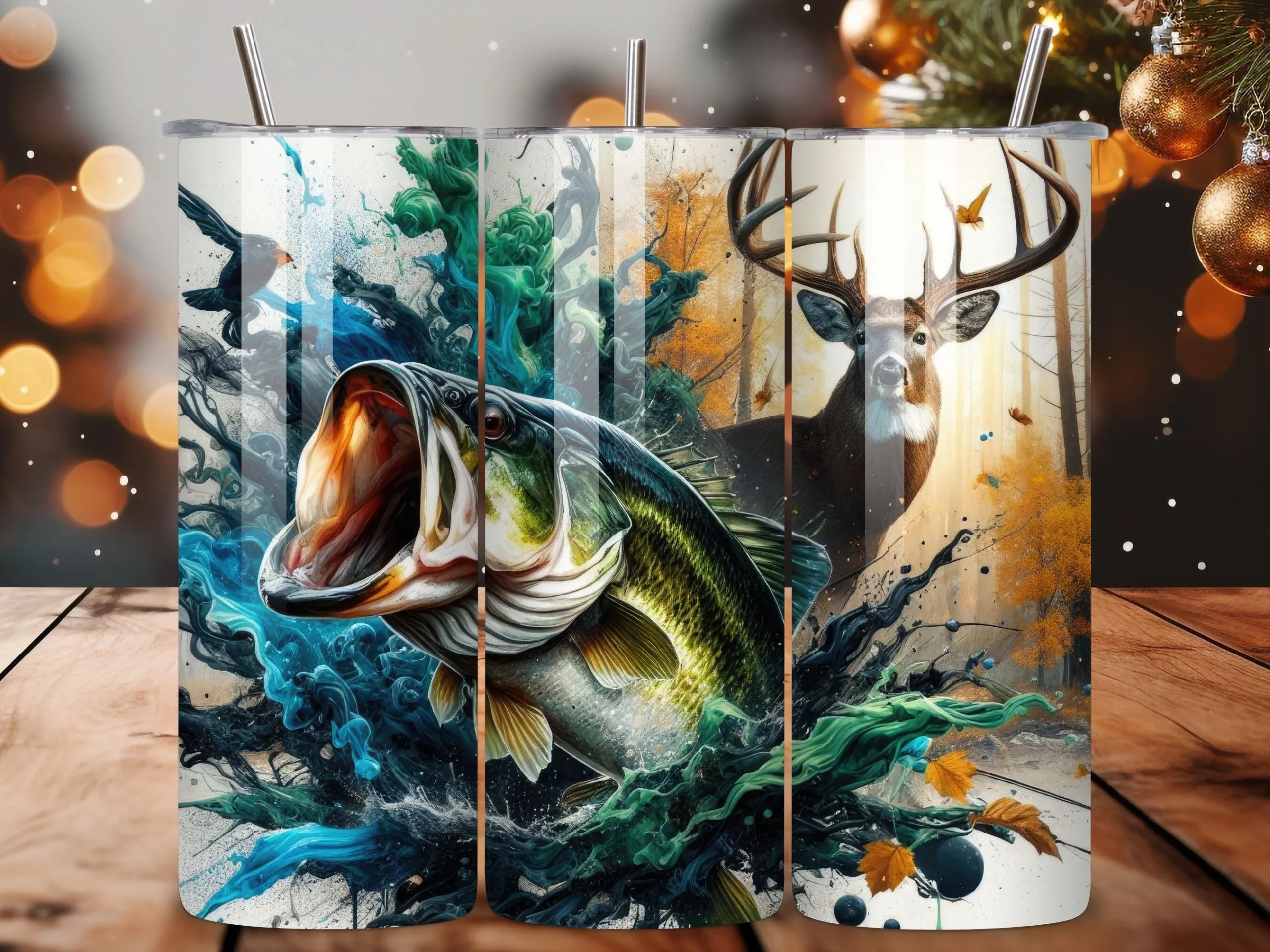 Hunting and Fishing Tumbler Wraps featuring largemouth bass and white-tailed deer