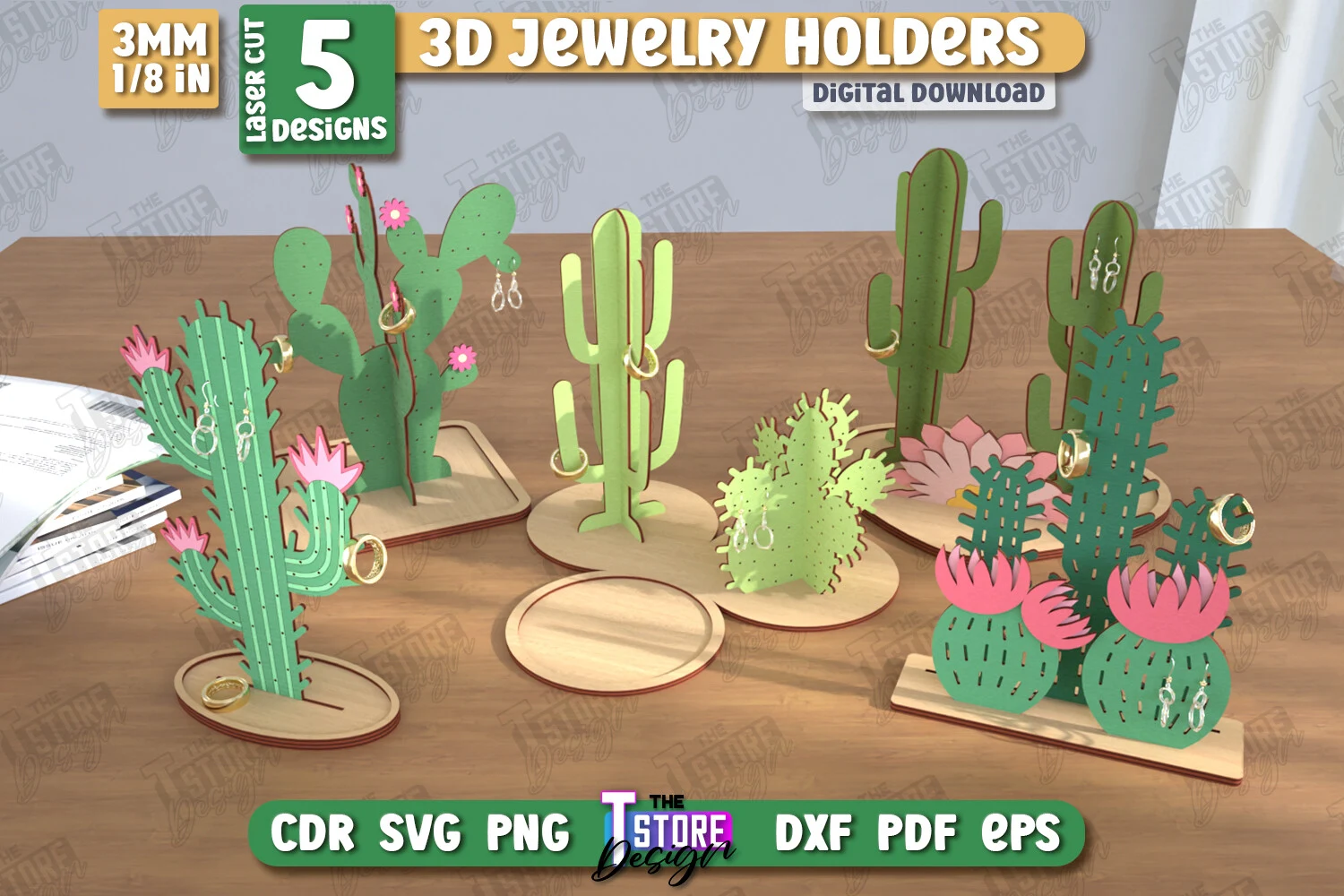 Jewelry Display Laser Cut Bundle |Cactus preview showing laser-cut design with silhouette