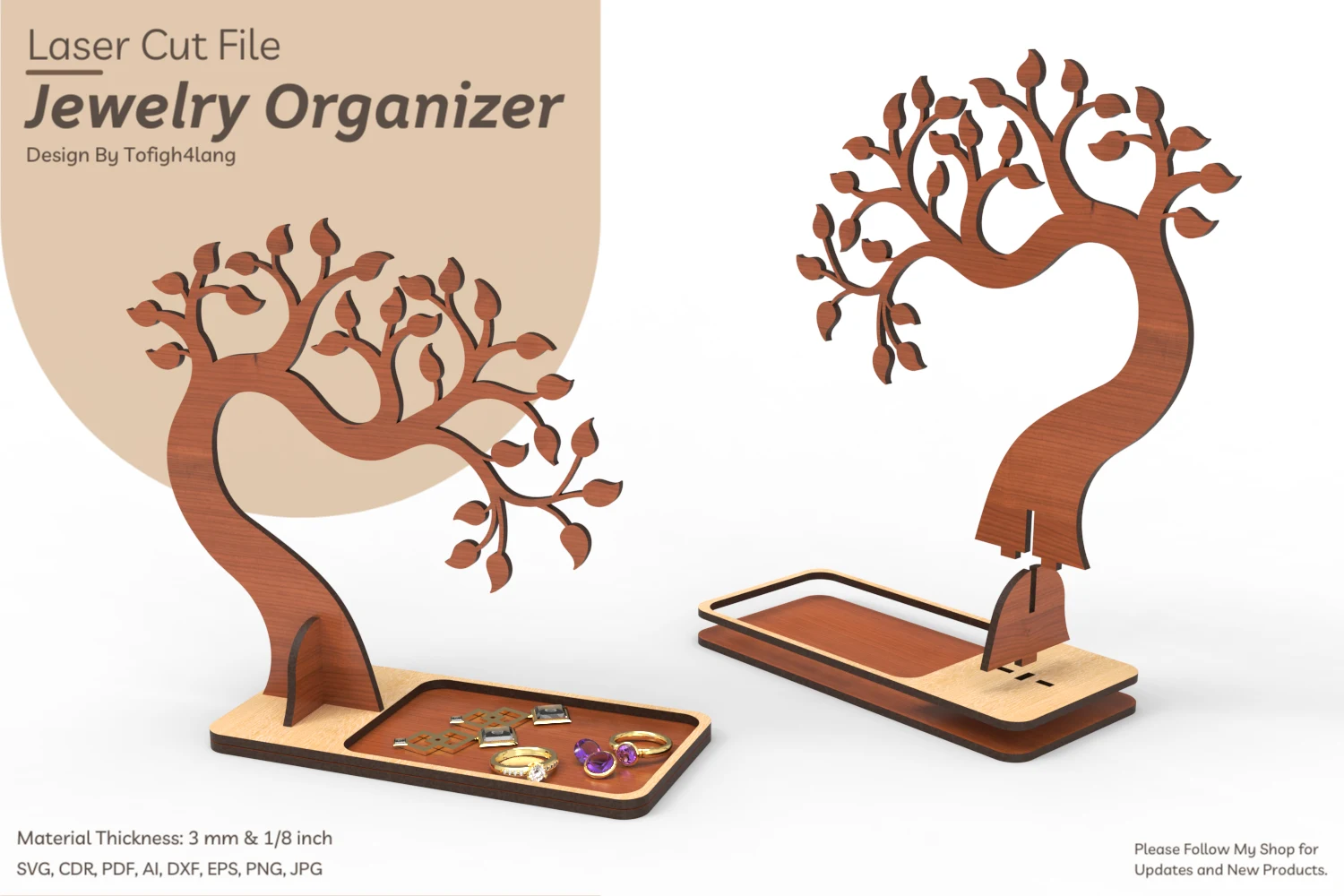 Jewelry Organizer | Laser Cut File | Svg featuring jewelry stand and stylized tree