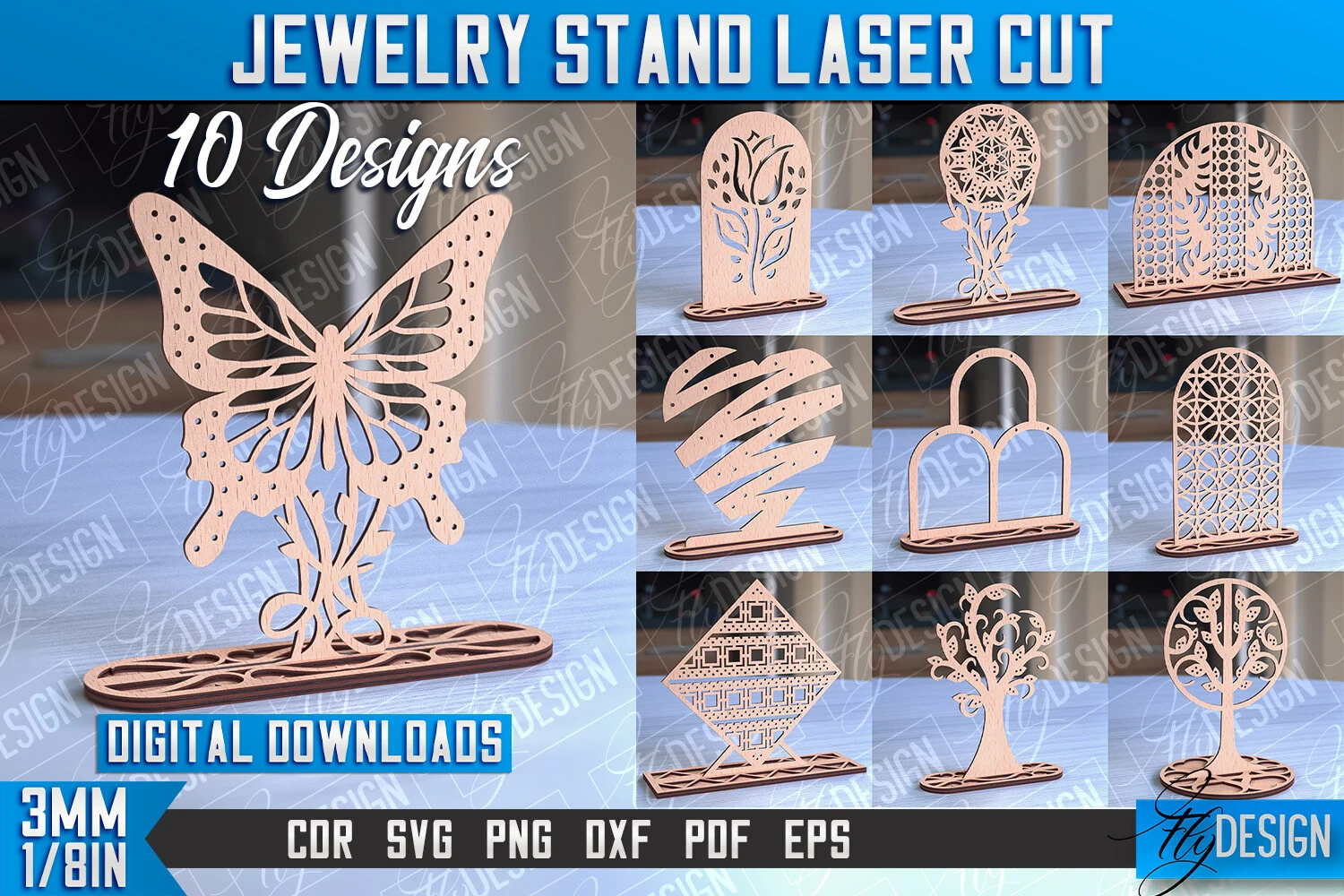 Jewelry Stand Laser Cut Design |CNC File preview showing laser-cut design with silhouette