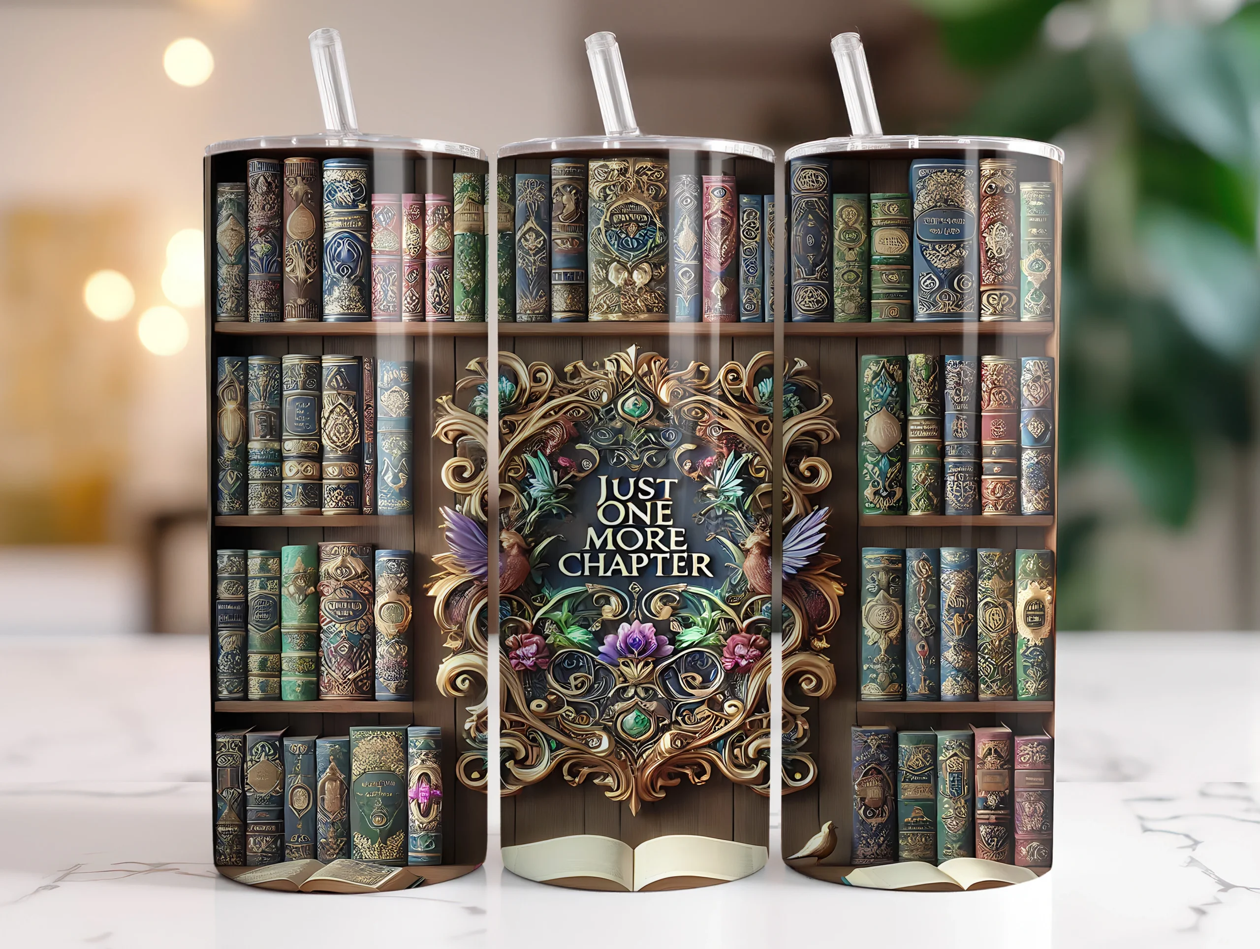 Just One More Chapter Book Lover Tumbler featuring bookshelves and ornate filigree frame
