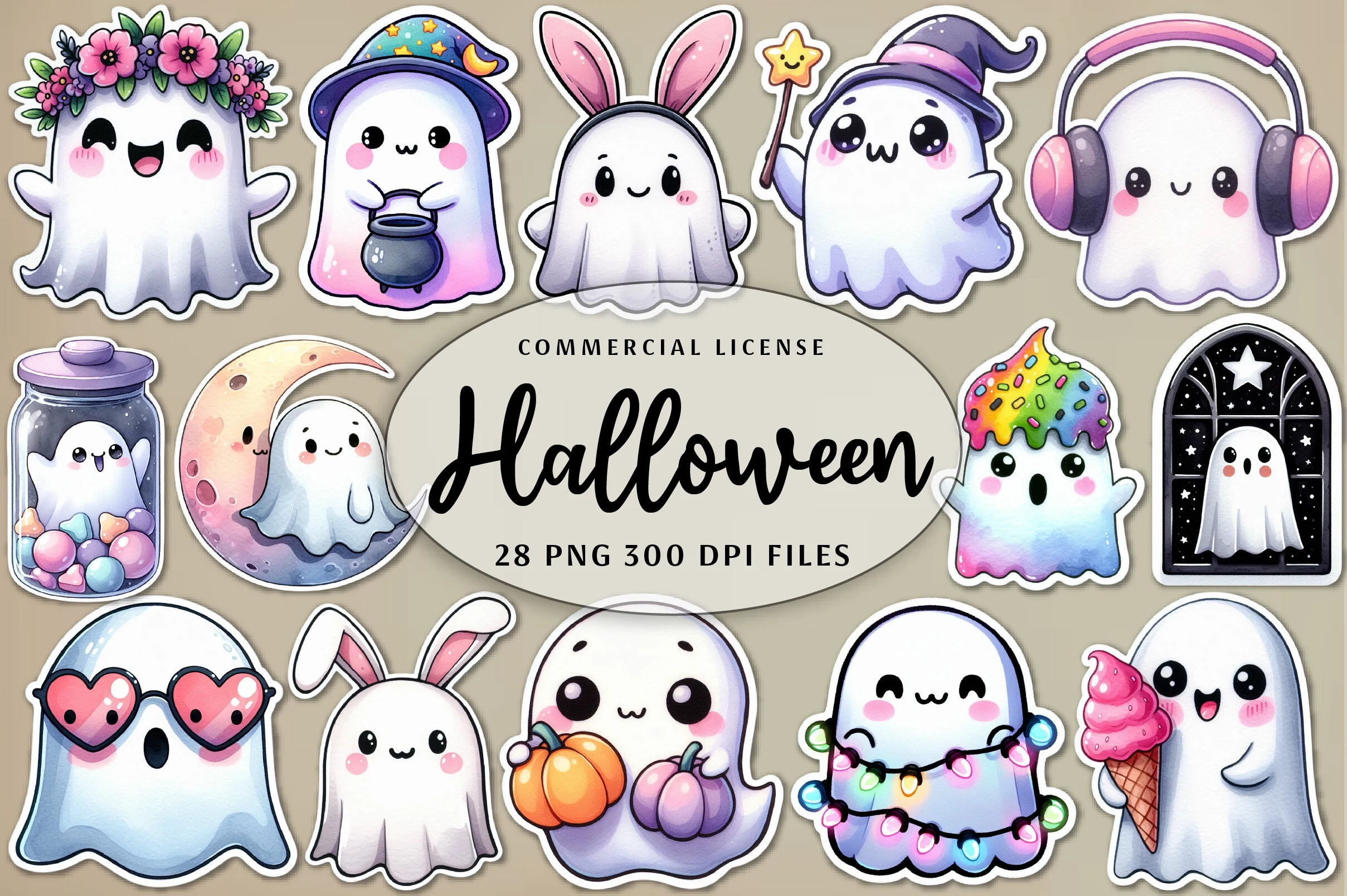 Kawaii Halloween Ghost Clipart featuring ghosts and cauldron