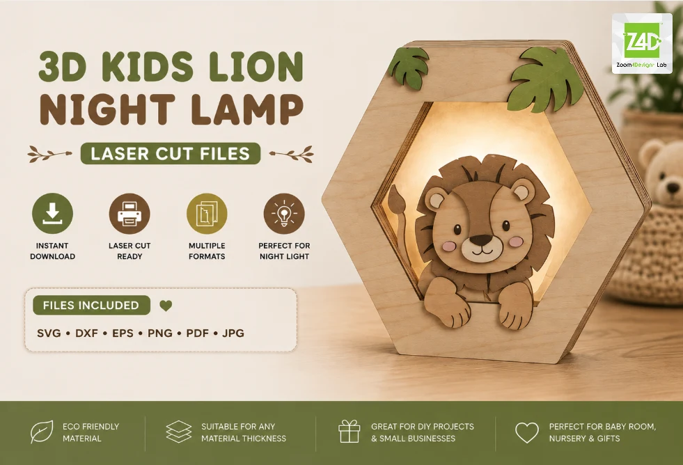 Kids Lion Night Lamp Laser Cut Files preview showing animals with friendly character styling