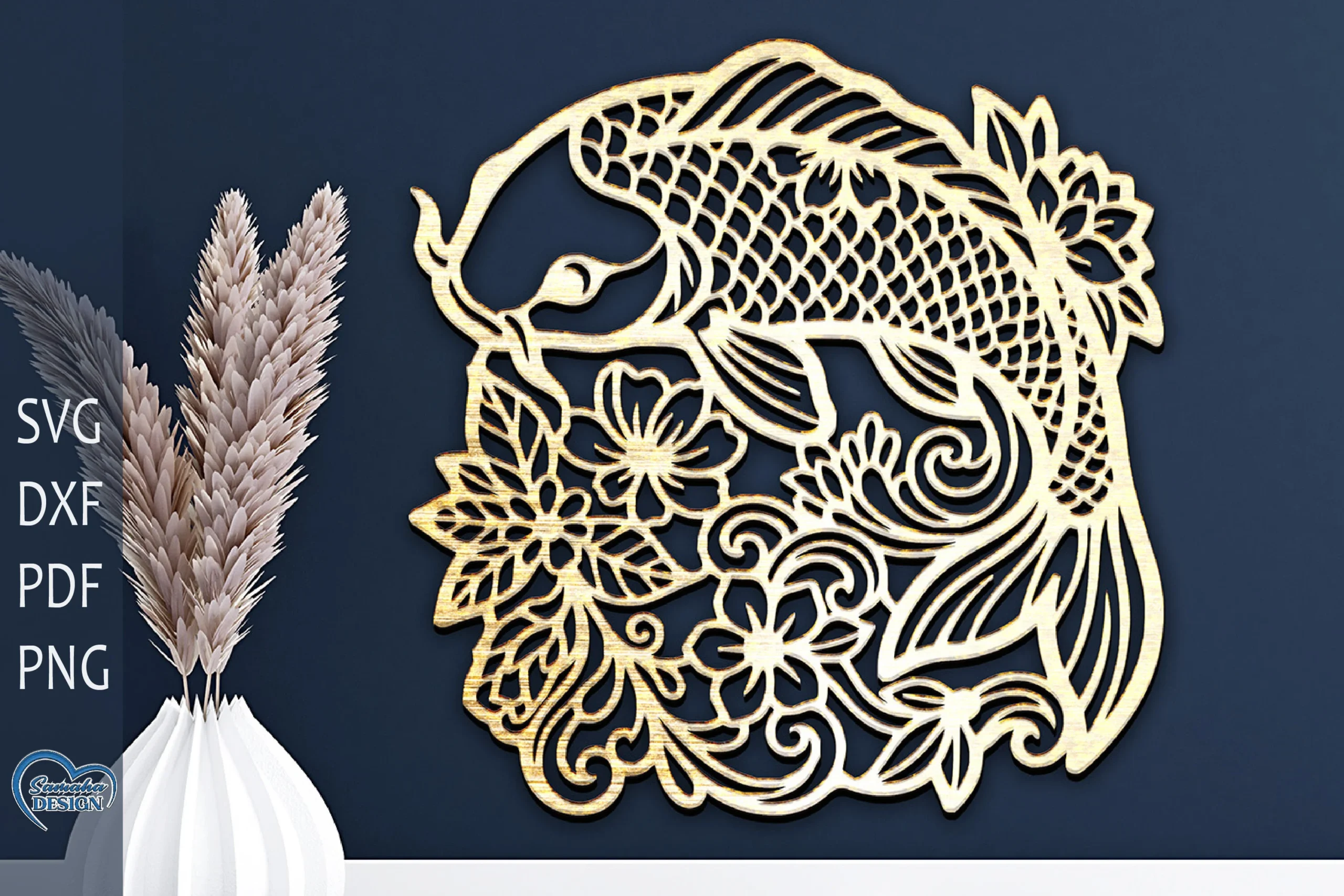 Koi Fish Laser Cut Home Decor. preview showing laser-cut design with silhouette
