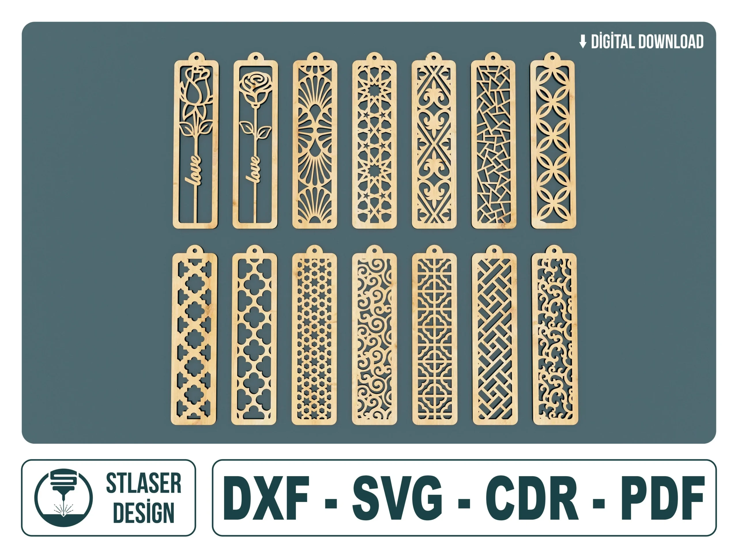 Laser Cut 14 Bookmarks SVG featuring bookmarks and floral designs