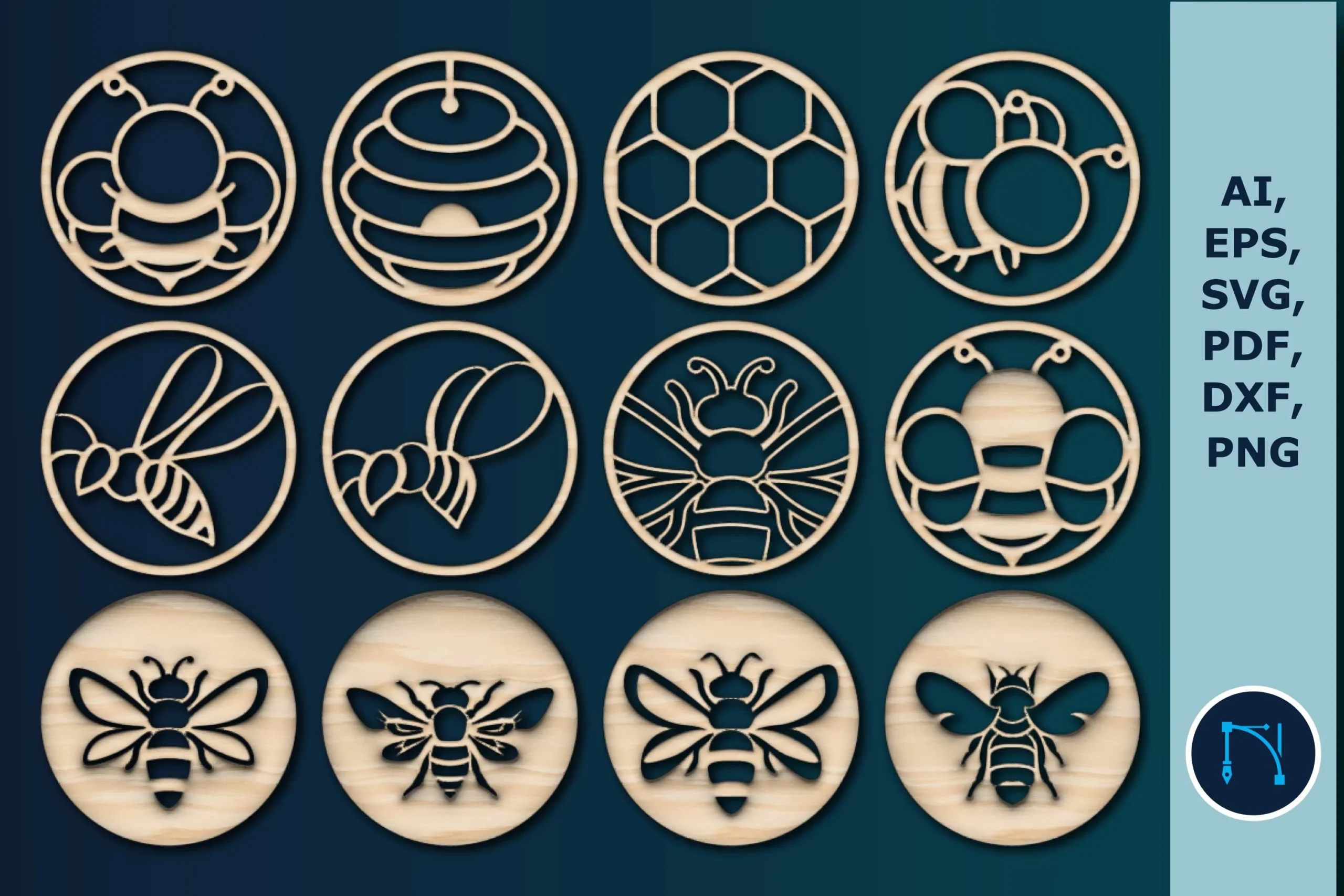 Laser-cut Bee Coasters Bundle SVG laser-cut design preview