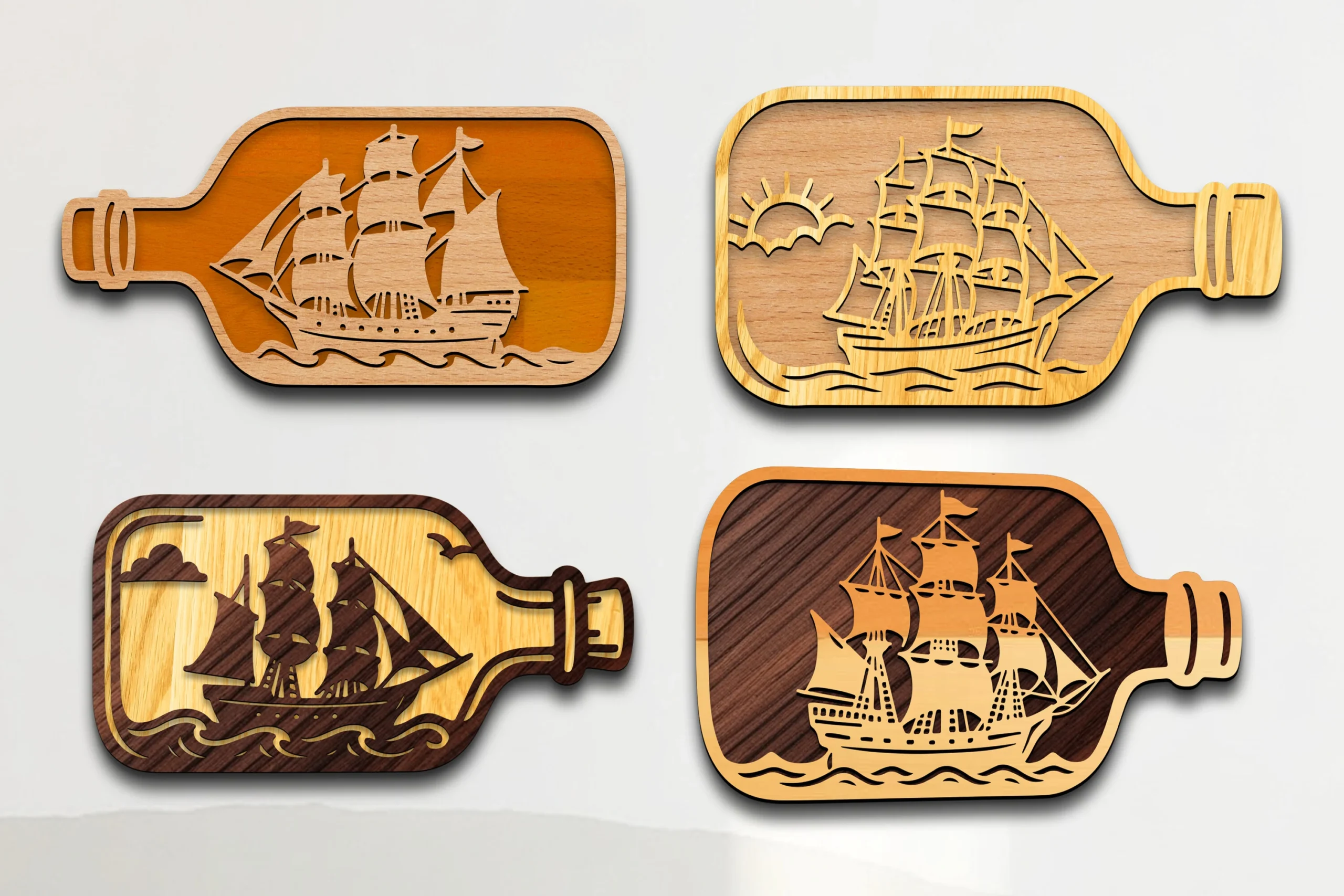 Laser Cut Bottle Ship Wall Art SVG featuring sailing ships and ships in bottles