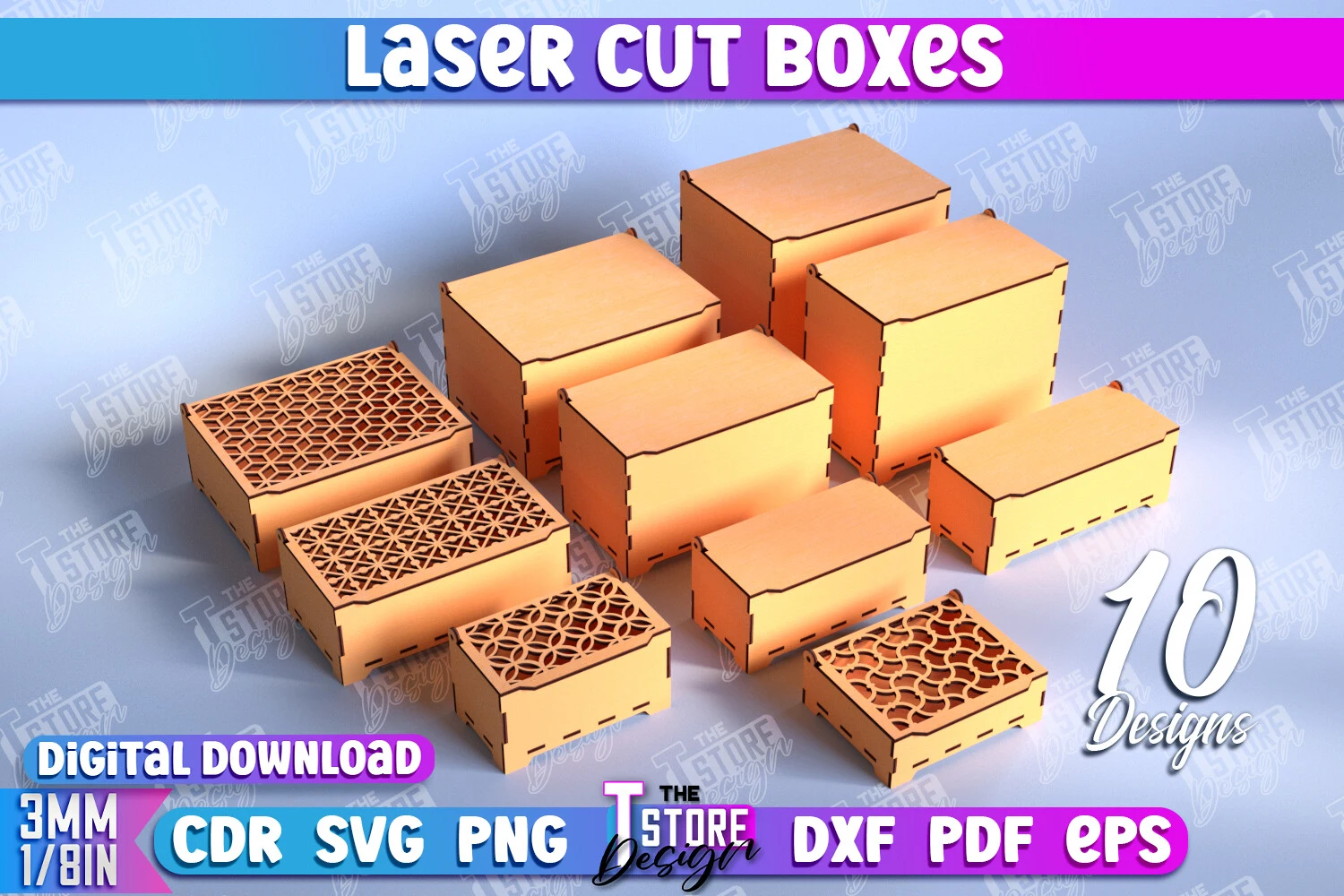 Laser Cut Boxes Bundle | CNC Files featuring wooden storage boxes and box lids with geometric patterns