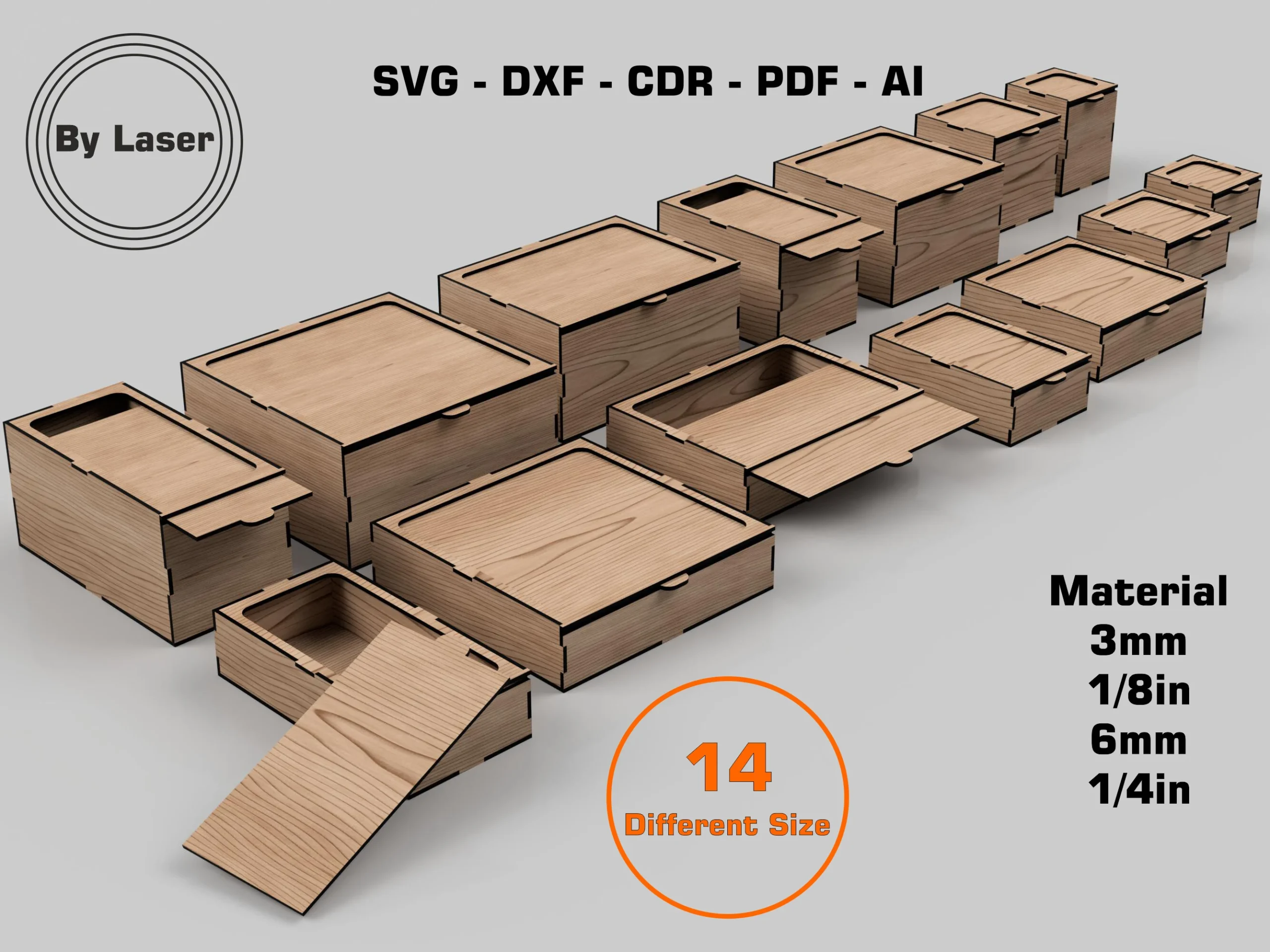 Laser Cut Boxes with Slide Lid 14 Size featuring wooden storage boxes and sliding lid boxes