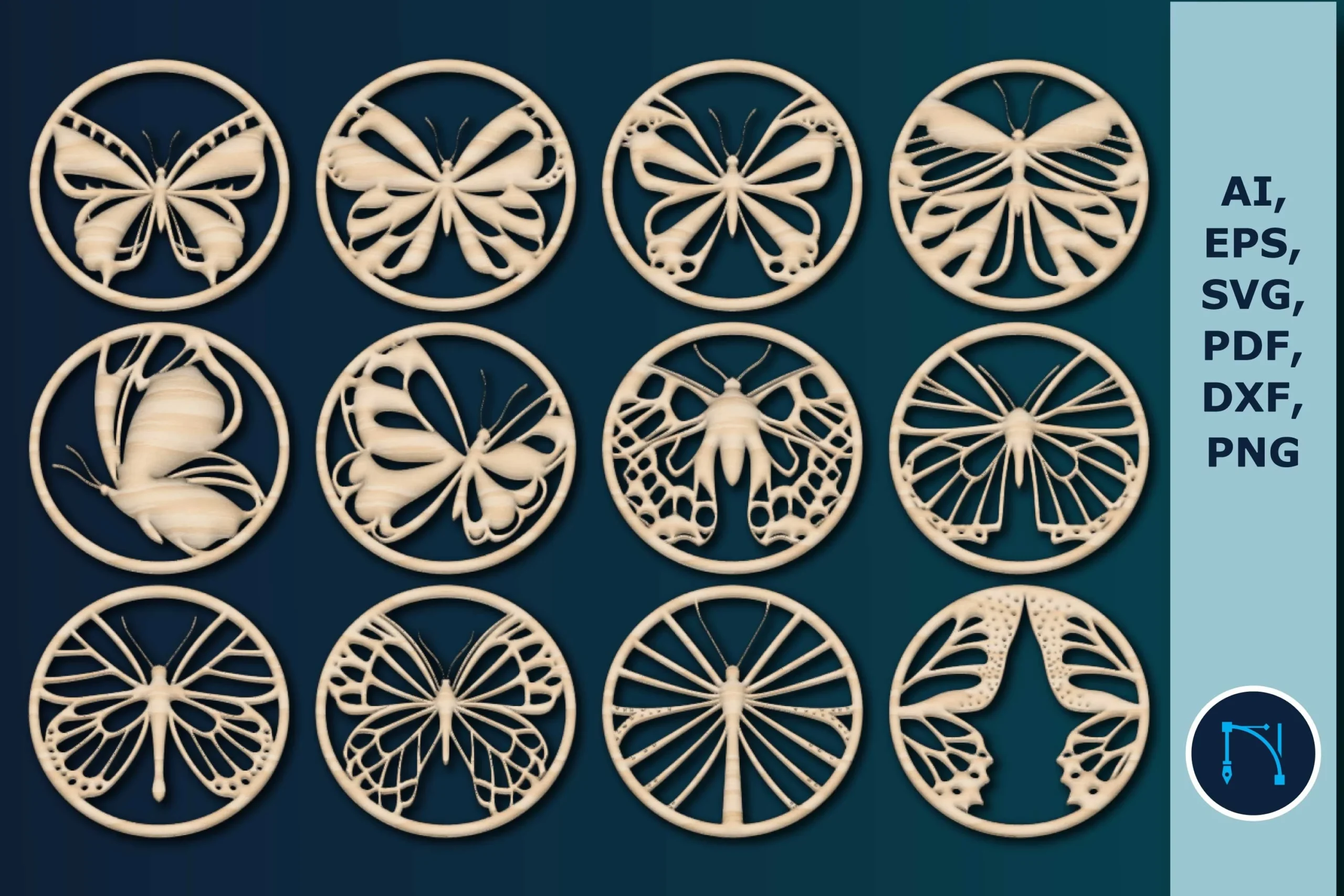 Laser-cut Butterfly Coasters Bundle SVG laser-cut design preview