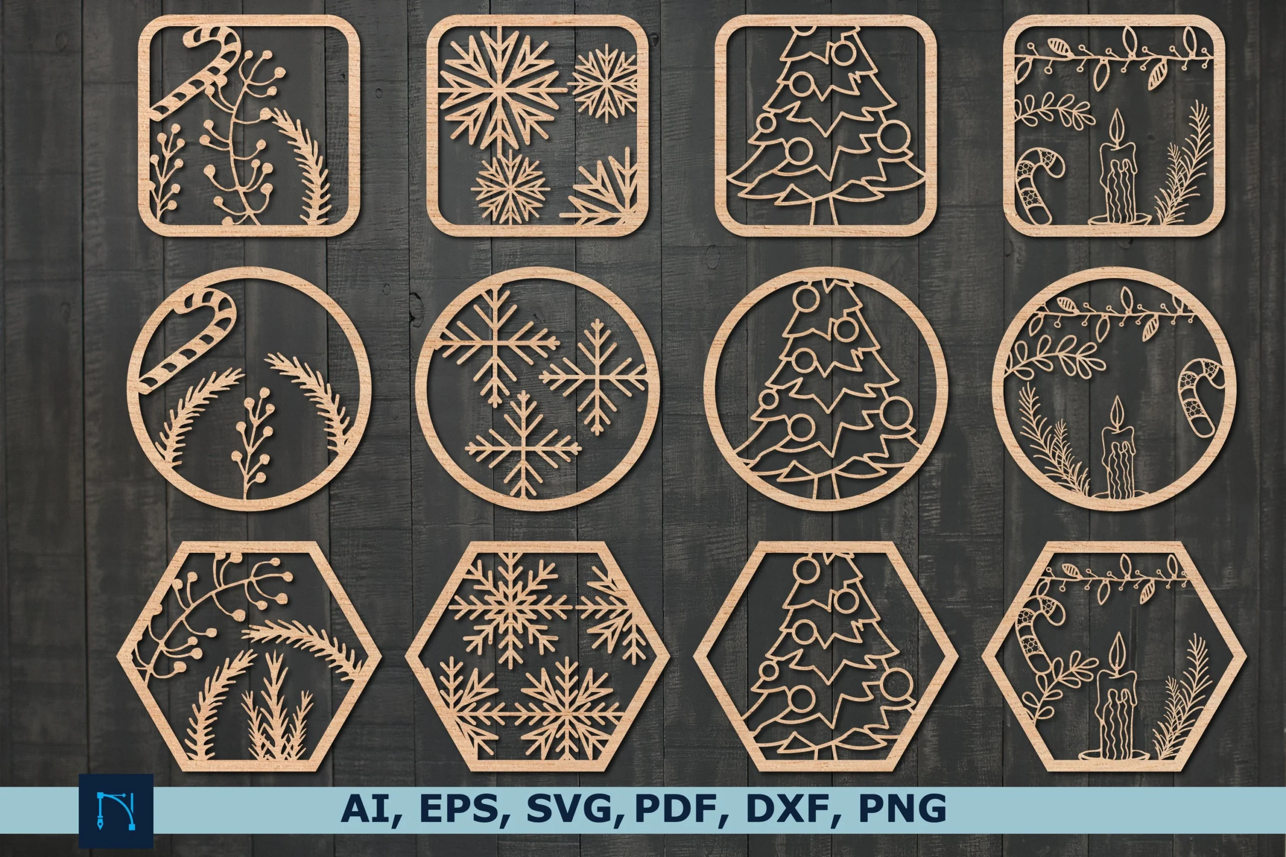 Laser Cut Christmas Coasters SVG Bundle preview showing Christmas motifs with layered depth