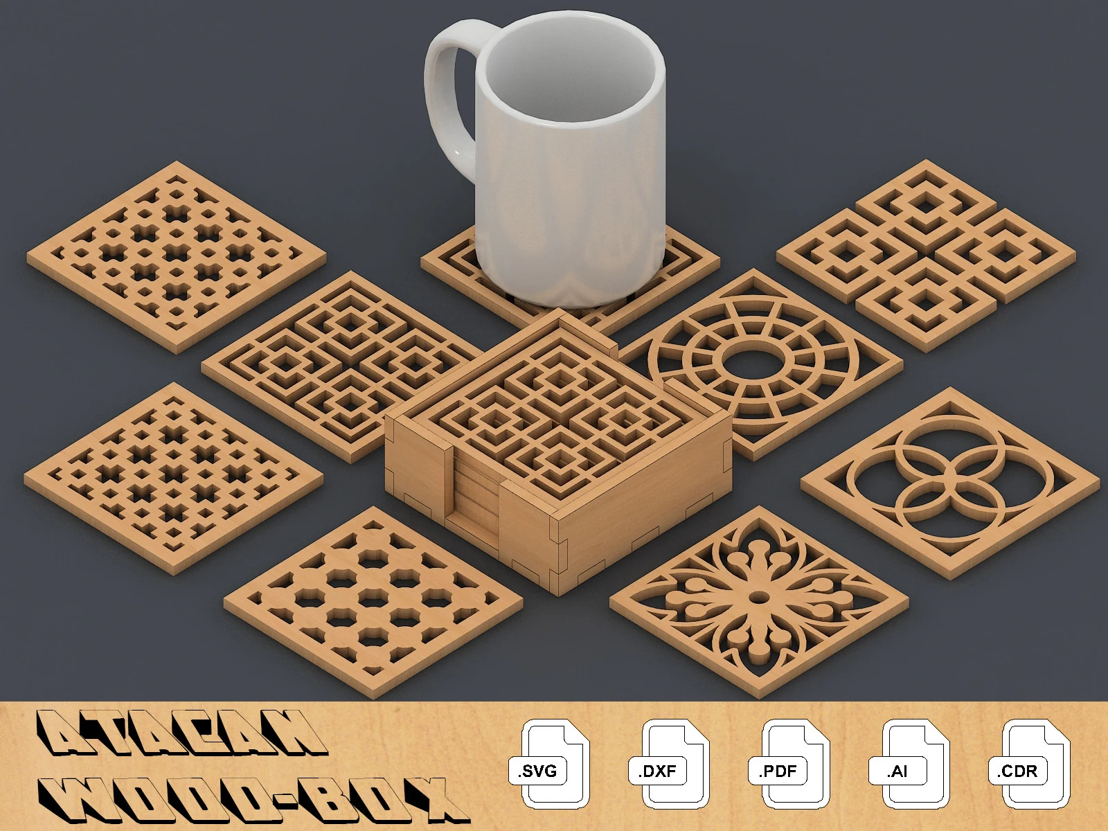 Laser Cut Coasters and Decor SVG DXF 093 featuring coasters and storage box