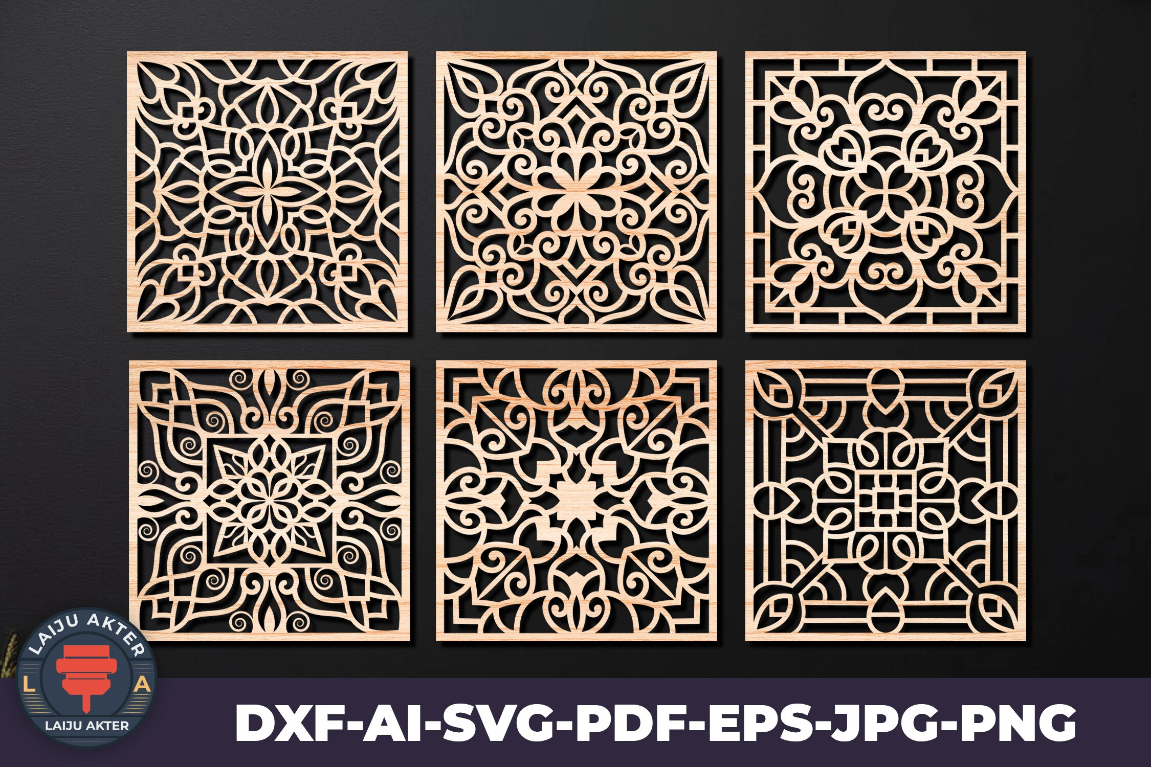 Laser Cut Coasters Bundle 02 featuring geometric mandalas and ornamental square panels