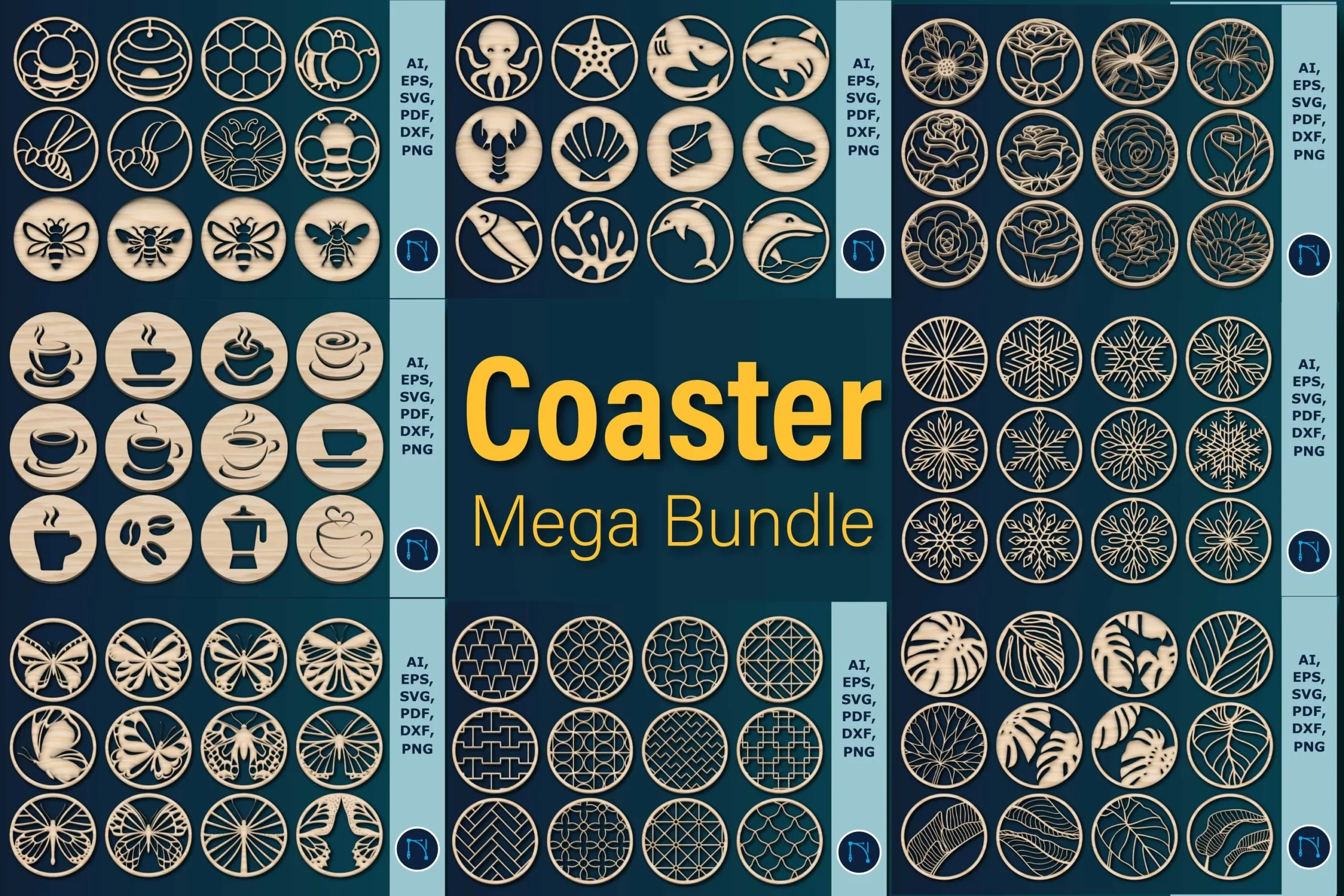 Laser-cut Coasters Mega Bundle SVG featuring bees and ocean life