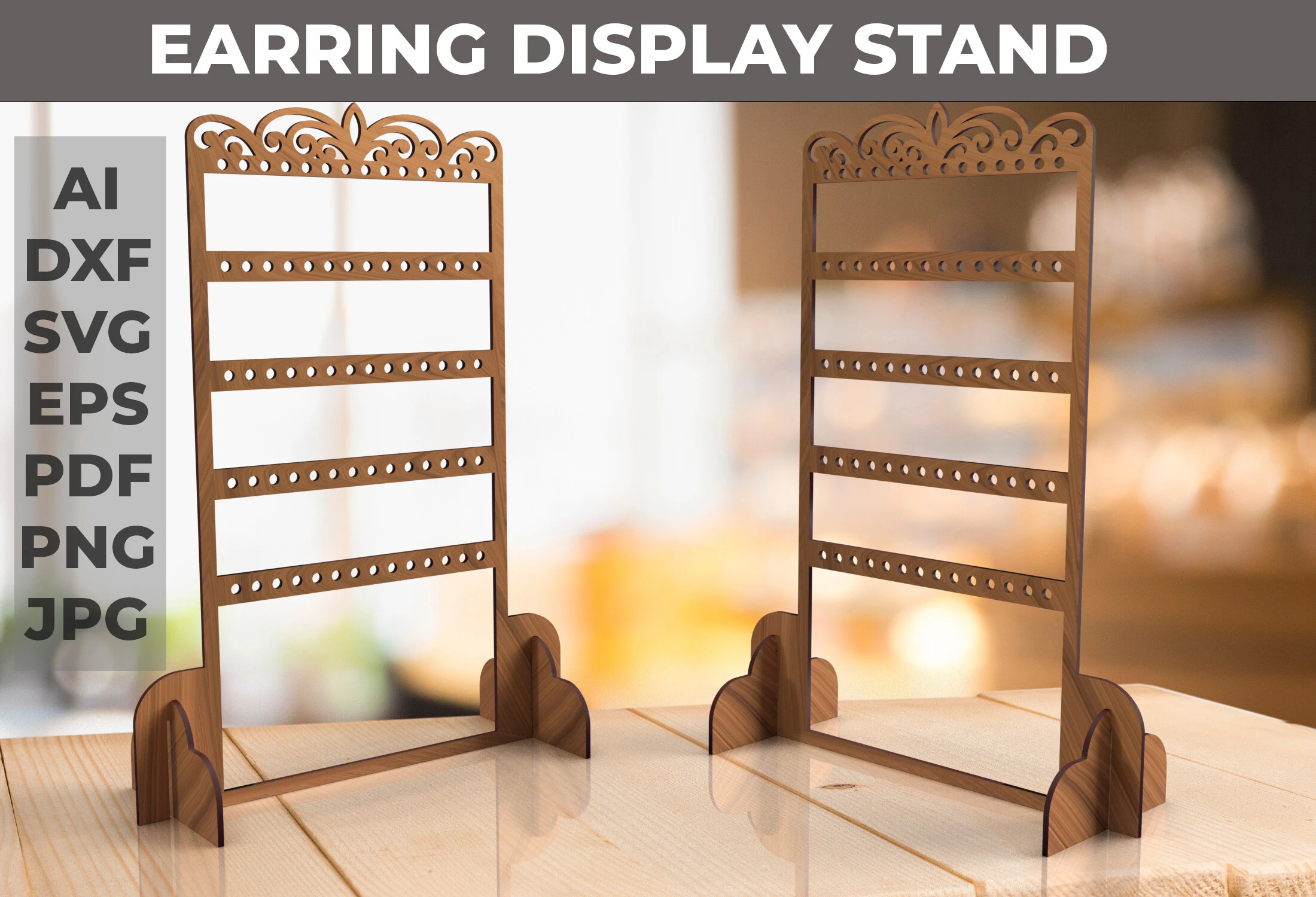 Laser Cut Earring Jewelry Display Stand featuring earring display stand and ornamental scrollwork top