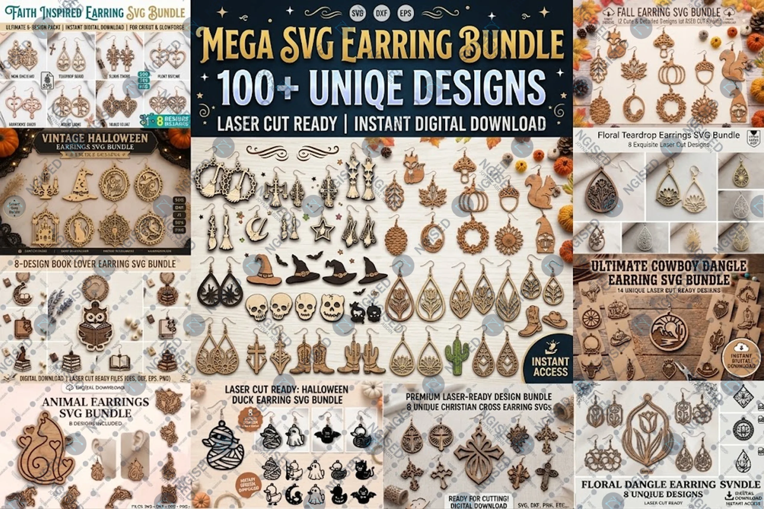 Laser Cut Earrings Mega SVG Bundle preview showing laser-cut design with layered depth
