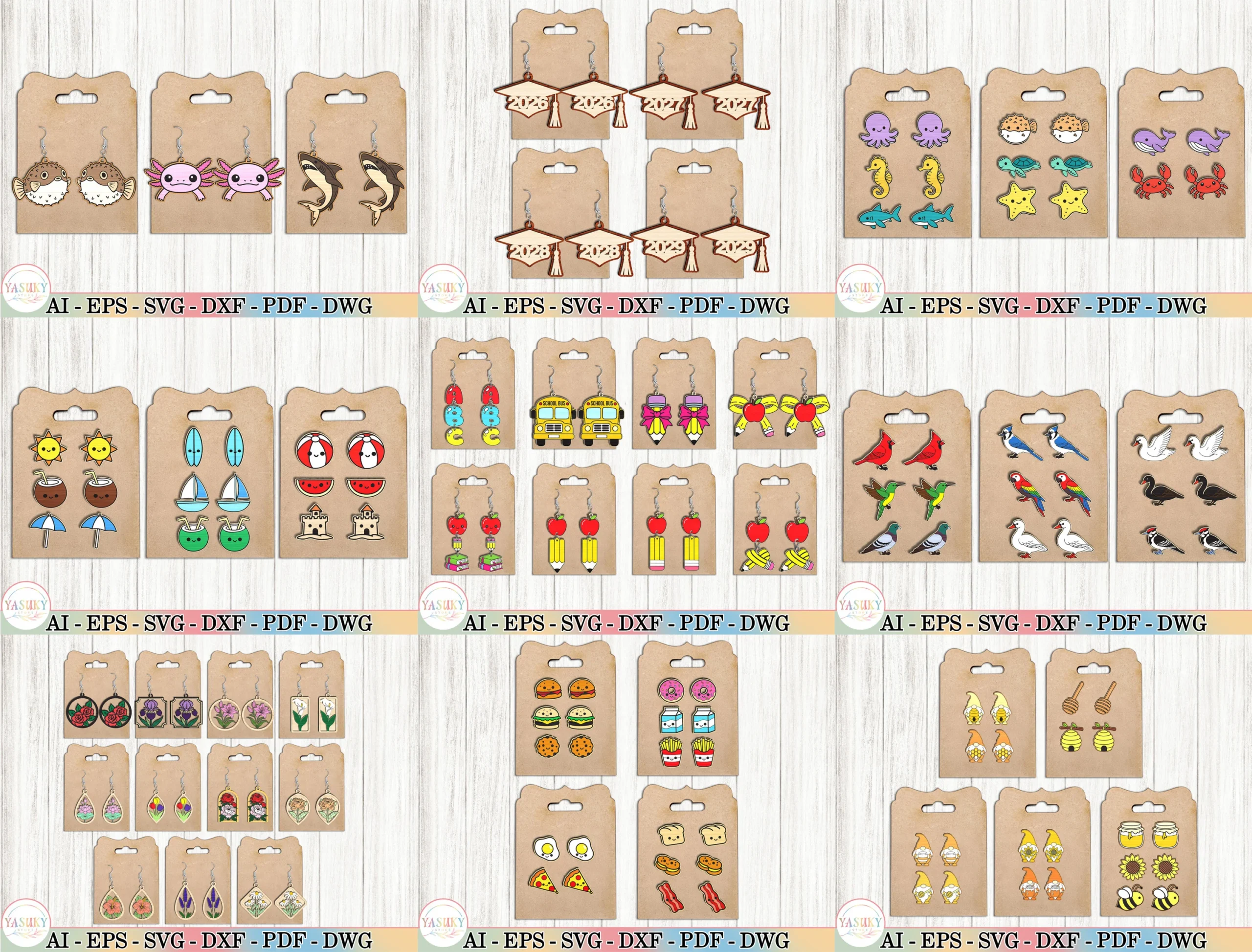 Laser Cut Earrings SVG Bundle preview showing botanical motifs with friendly character styling