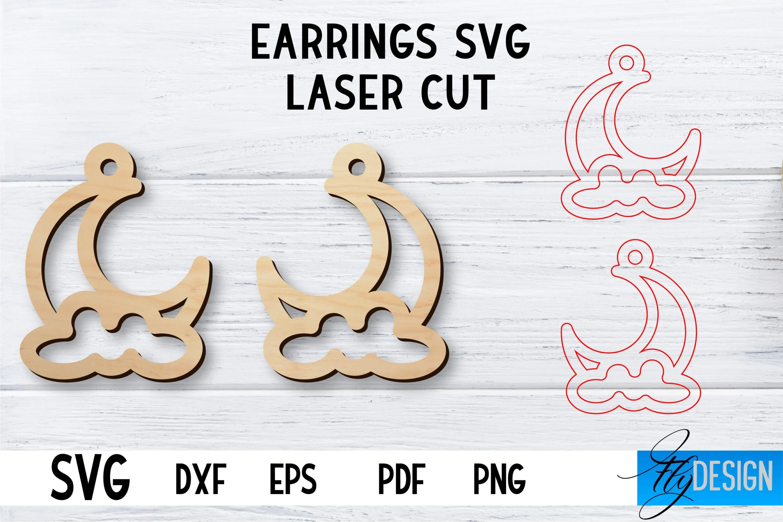 Laser Cut Earrings SVG | Earrings SVG featuring crescent moon and clouds