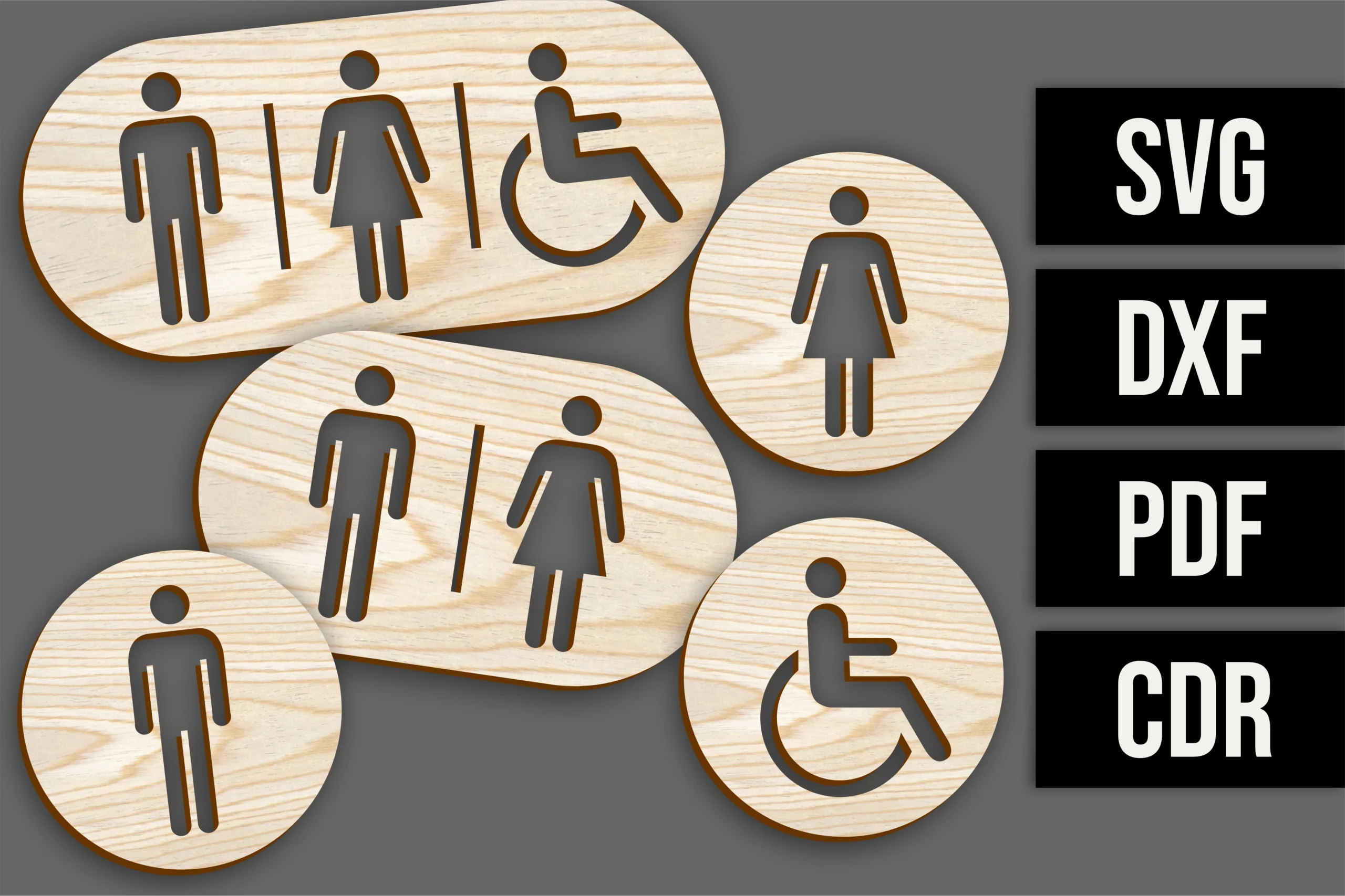 Laser Cut File - Toilet Signs featuring restroom signs and male figure icon
