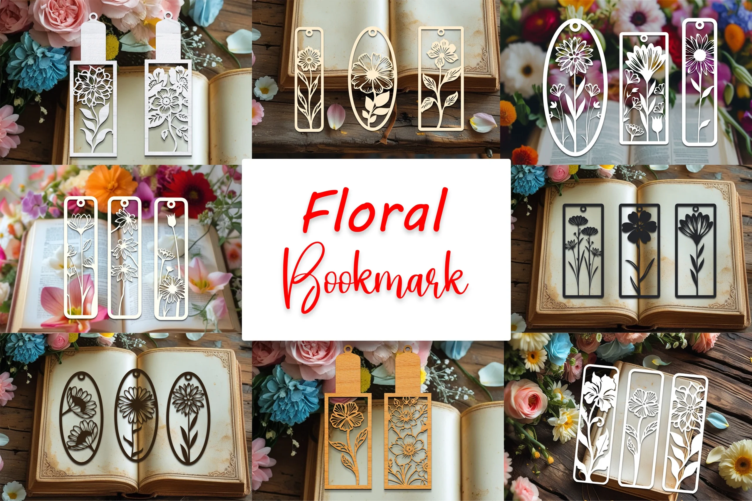 Laser Cut Floral Bookmarks SVG Bundle featuring flowers and botanical illustrations