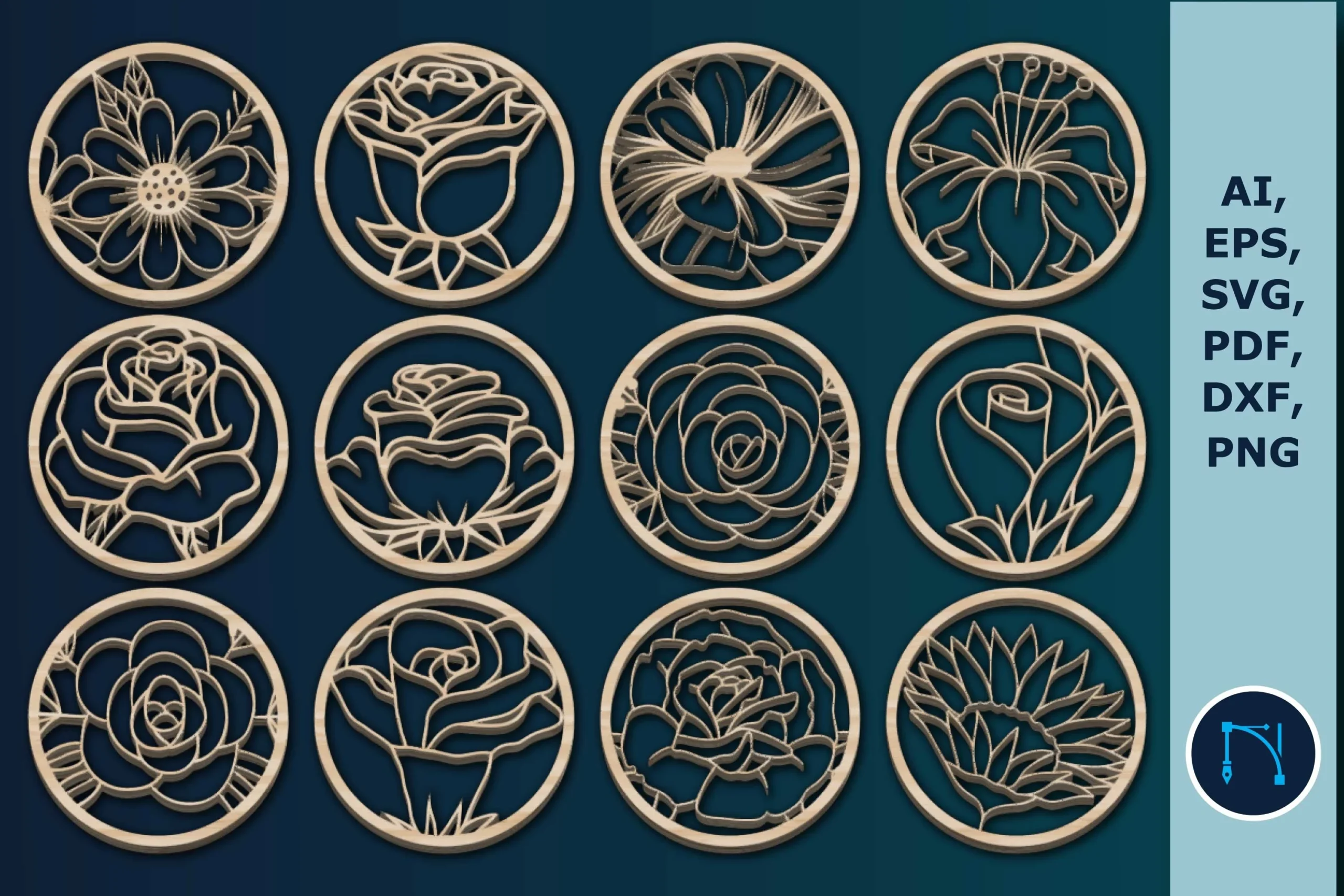 Laser-cut Floral Coasters Bundle SVG preview showing botanical motifs with silhouette