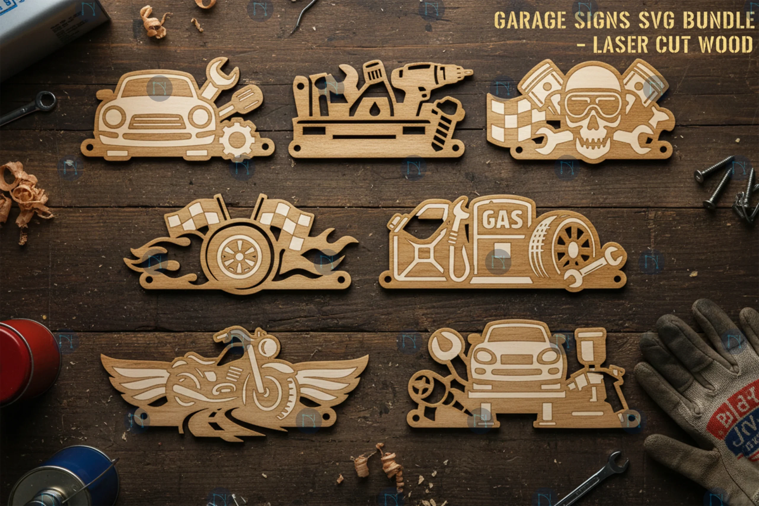 Laser Cut Garage Signs SVG Bundle featuring car and toolbox