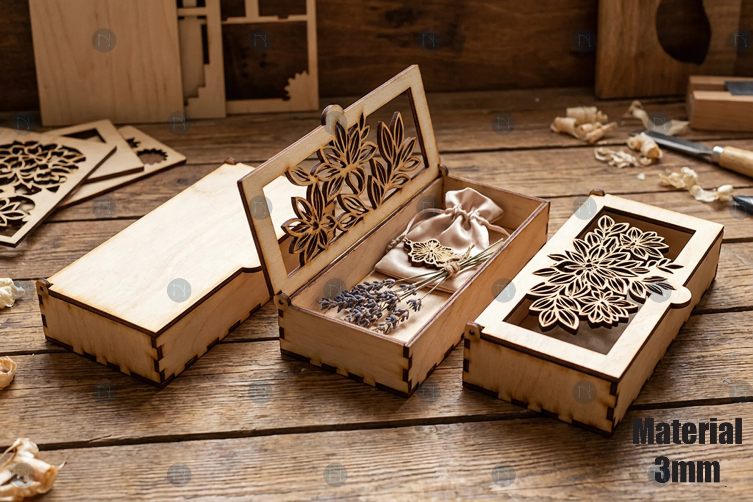 Laser Cut Gift Boxes Bundle SVG featuring wooden storage box and floral filigree lid