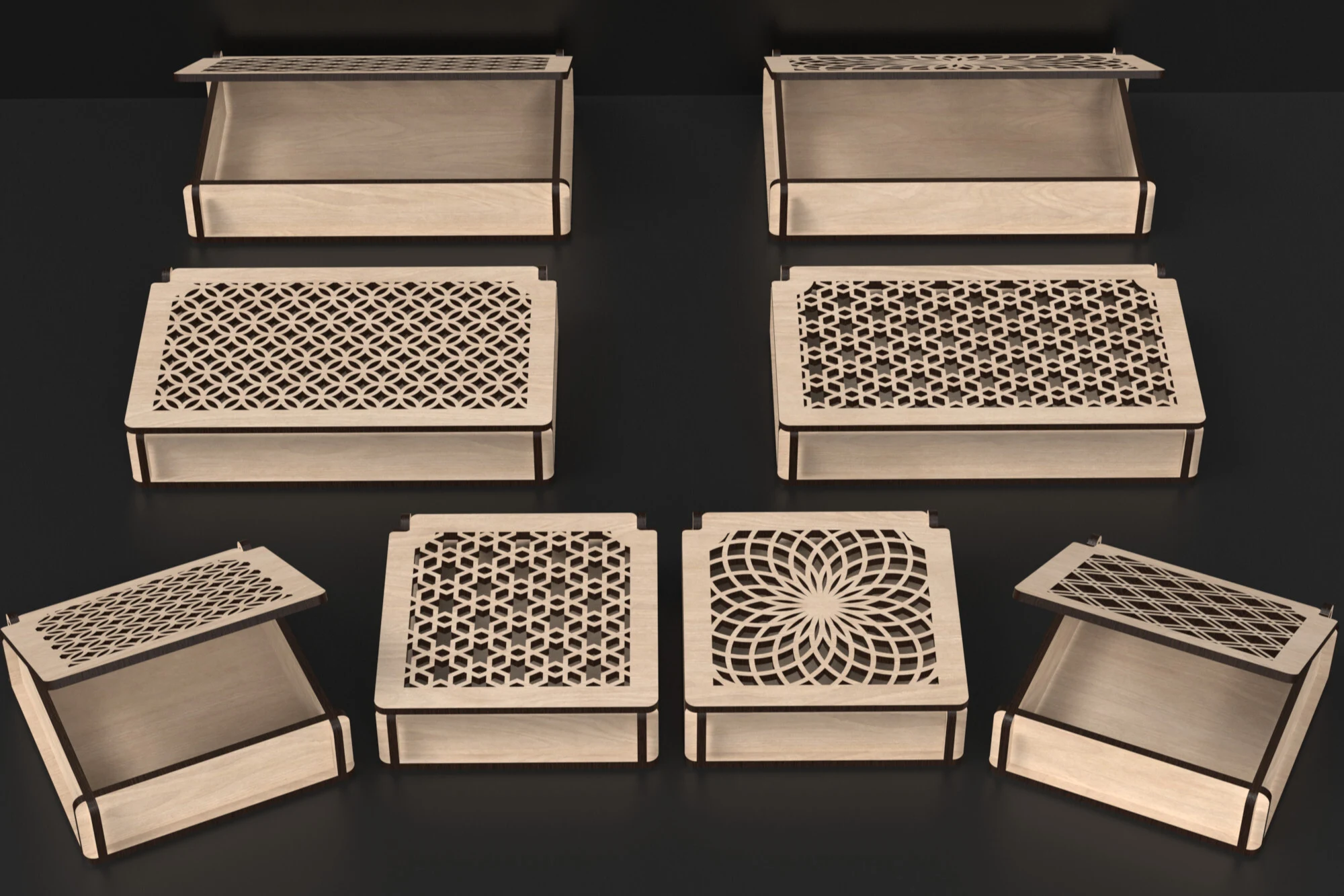 Laser Cut Jewellery Box Svg Files featuring hinged wooden boxes and geometric pattern cutouts