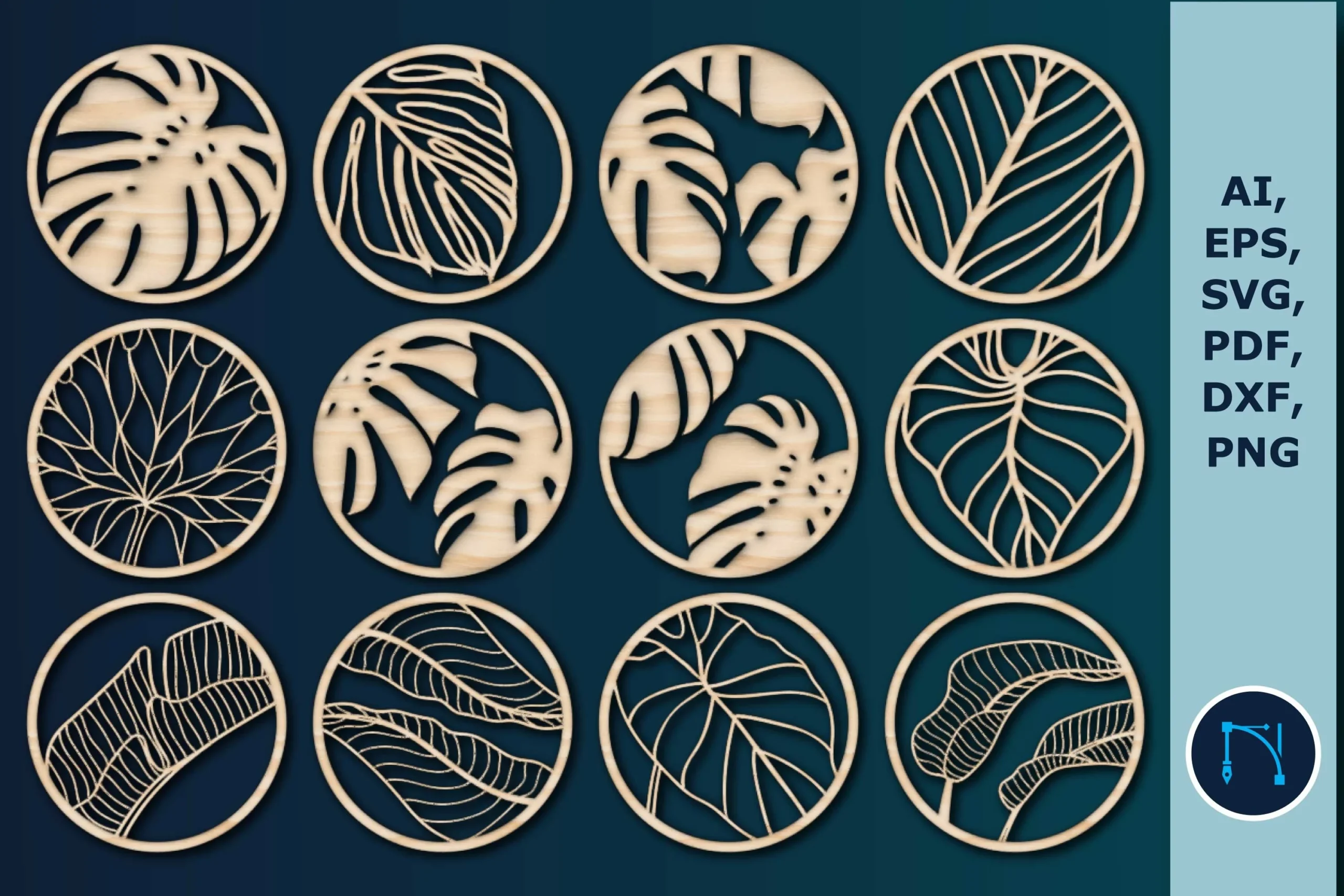Laser-cut Monstara Coasters Bundle SVG featuring monstera leaves and tropical foliage