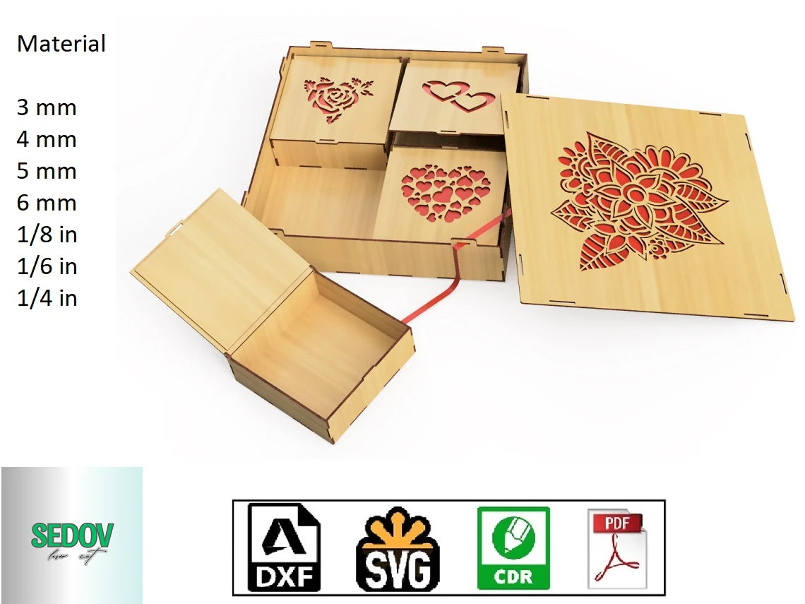 Laser Cut Set Boxes with Heart & Flower featuring gift box and ornamental flower