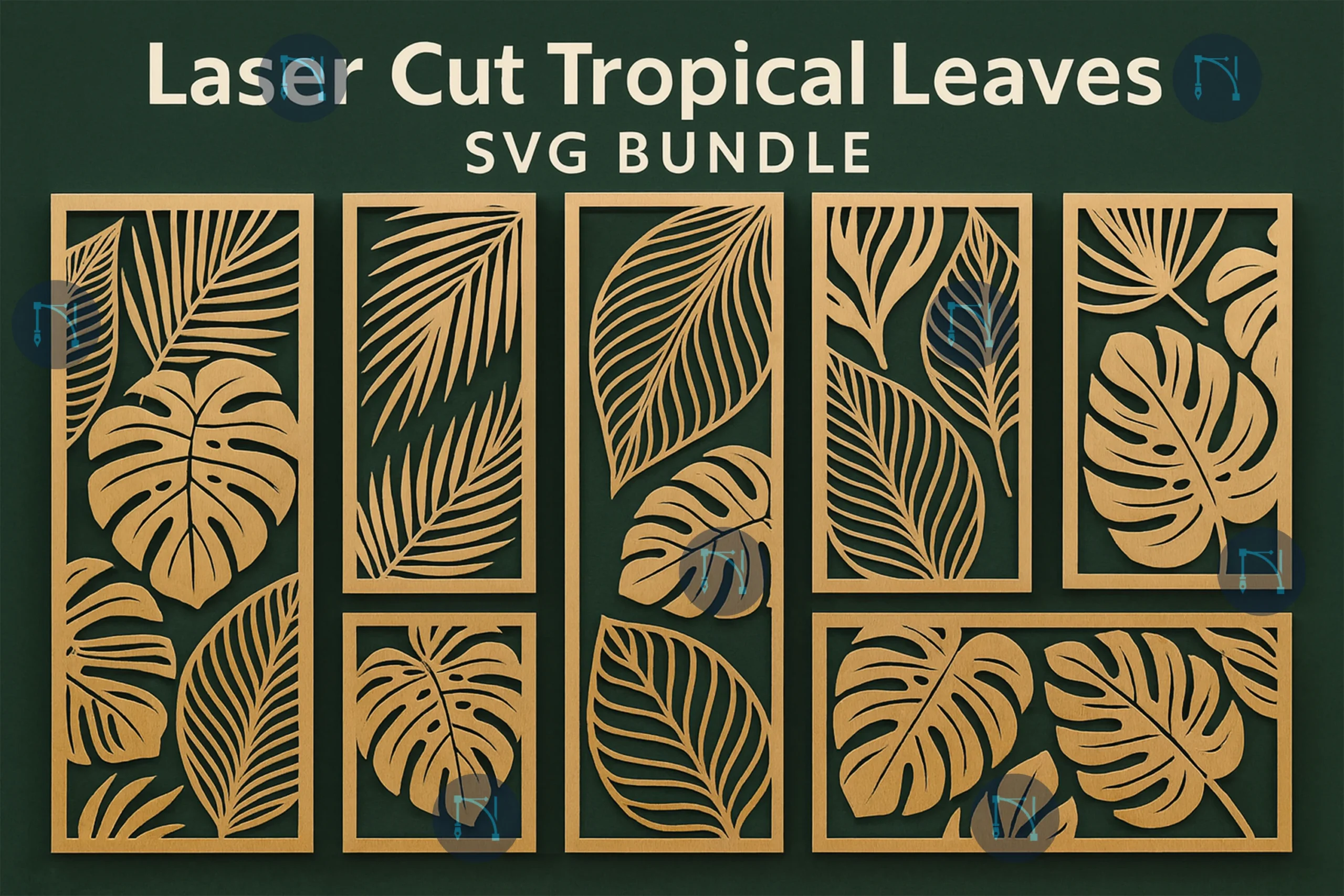 Laser Cut Tropical Leaves SVG Bundle preview showing laser-cut design with silhouette