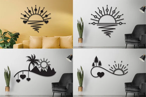 Laser Cut Wall Art Svg Bundle featuring sun and mountains