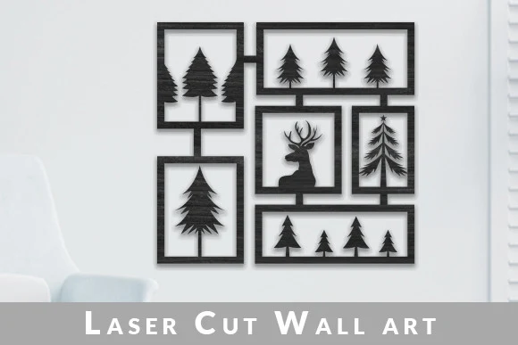 Laser Cut Wall Art Svg Design featuring deer and pine trees