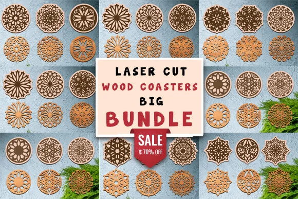 Laser Cut Wood Coasters SVG Bundle featuring geometric mandalas and ornamental circular patterns