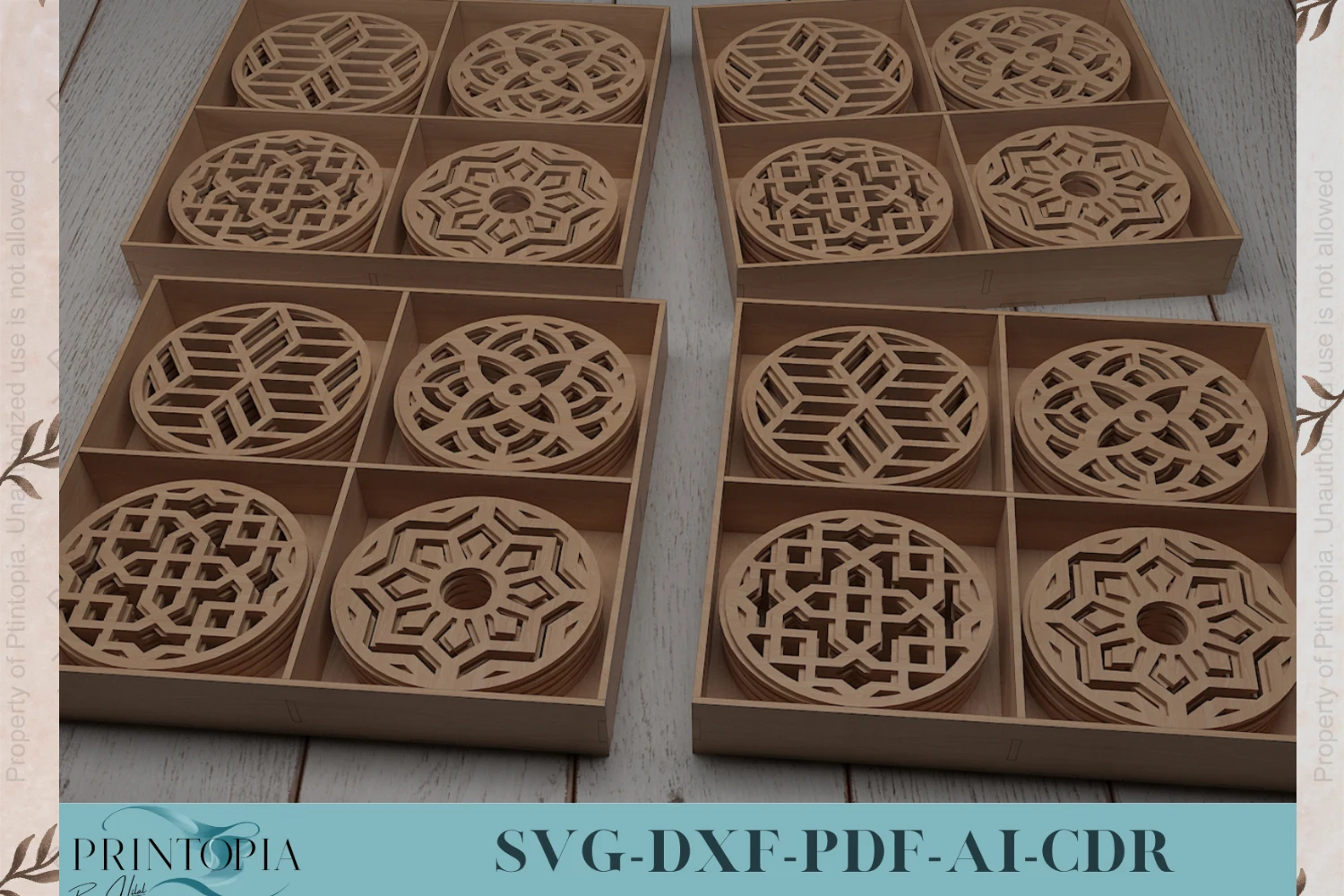 Laser Cut Wooden Coasters 049 featuring geometric coasters and storage boxes