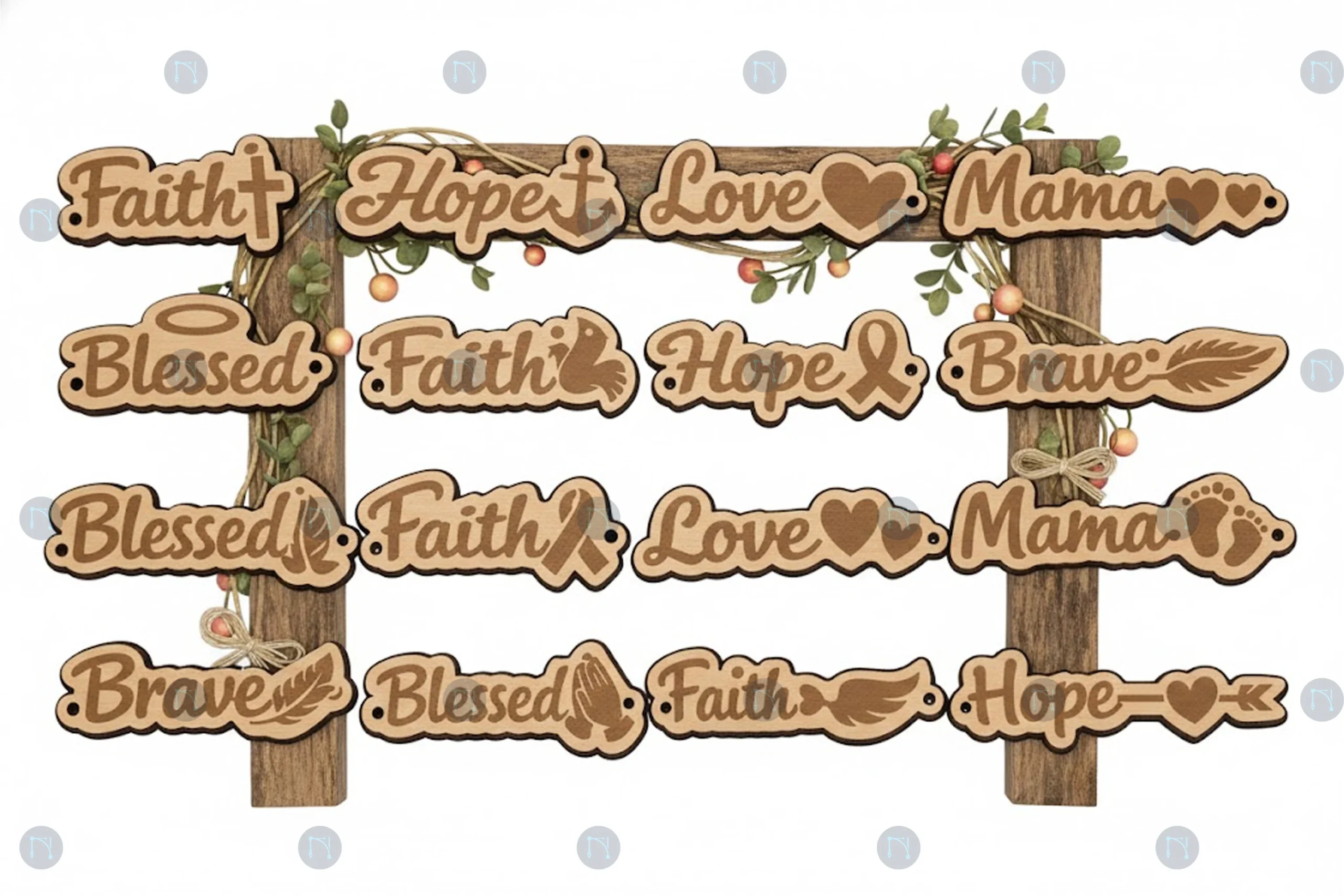 Laser Cut Word Keychains SVG Bundle featuring inspirational words and religious symbols