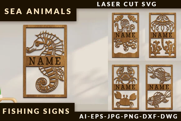 LaserCut Fishing Signs Ornaments Svg Set featuring seahorse and octopus