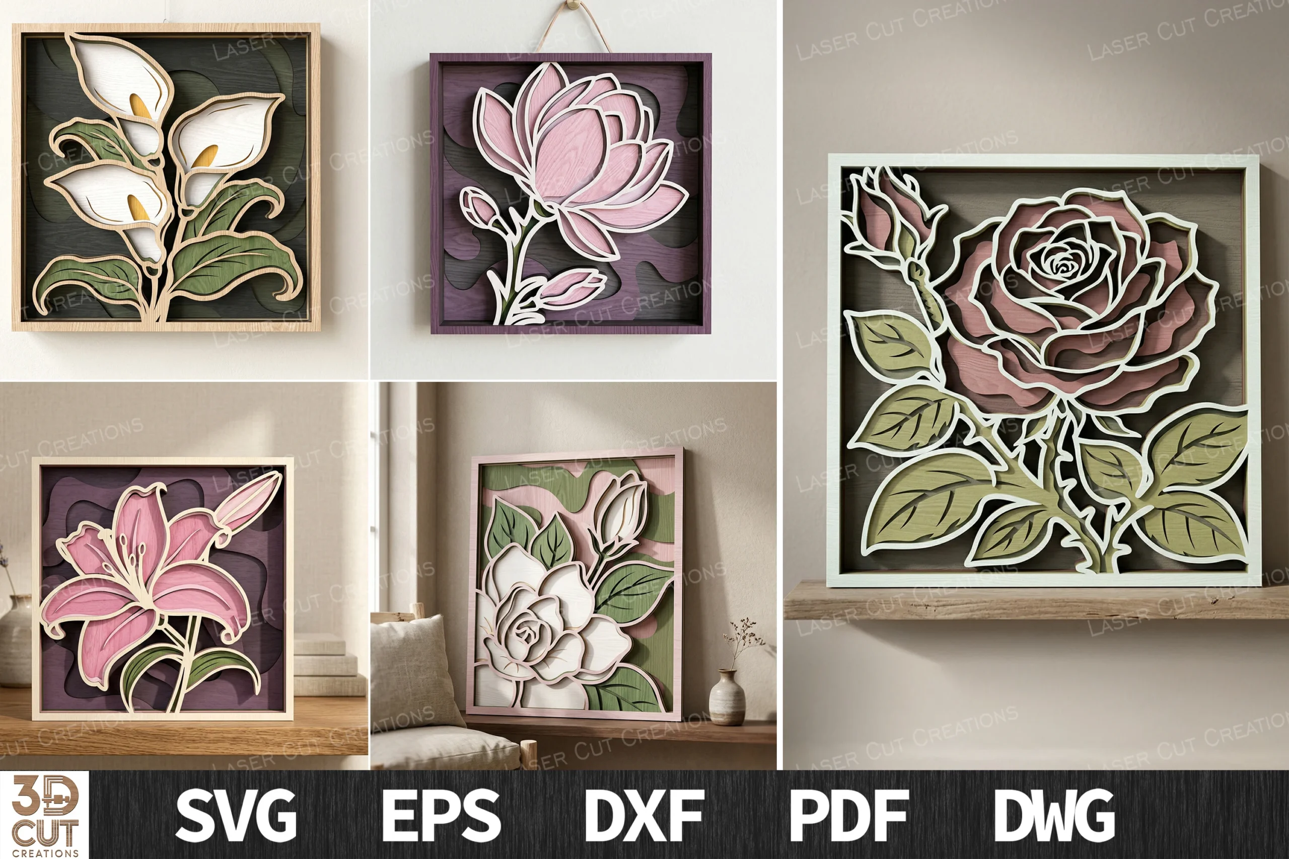 Layered Floral Wall Art SVG Bundle preview showing botanical motifs with layered depth