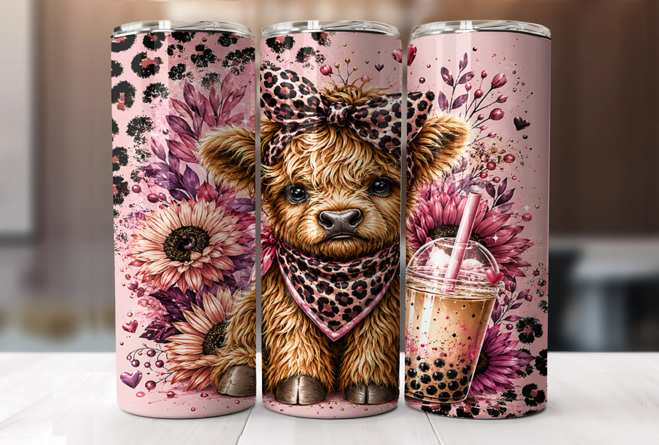 Leopard Bow Highland Cow Tumbler Wraps sublimation design preview