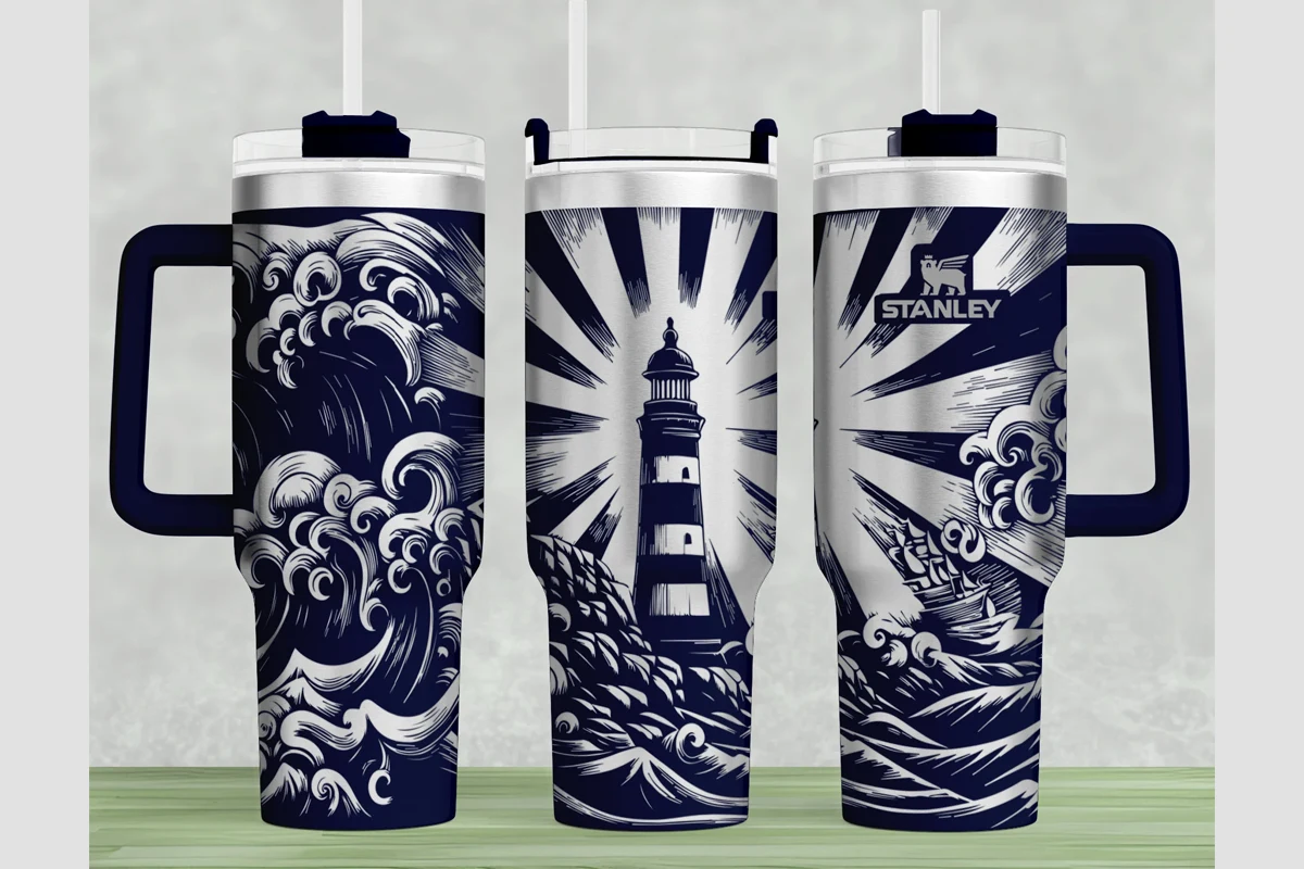 Lighthouse Design Stanley 40oz Laser featuring lighthouse and ocean waves
