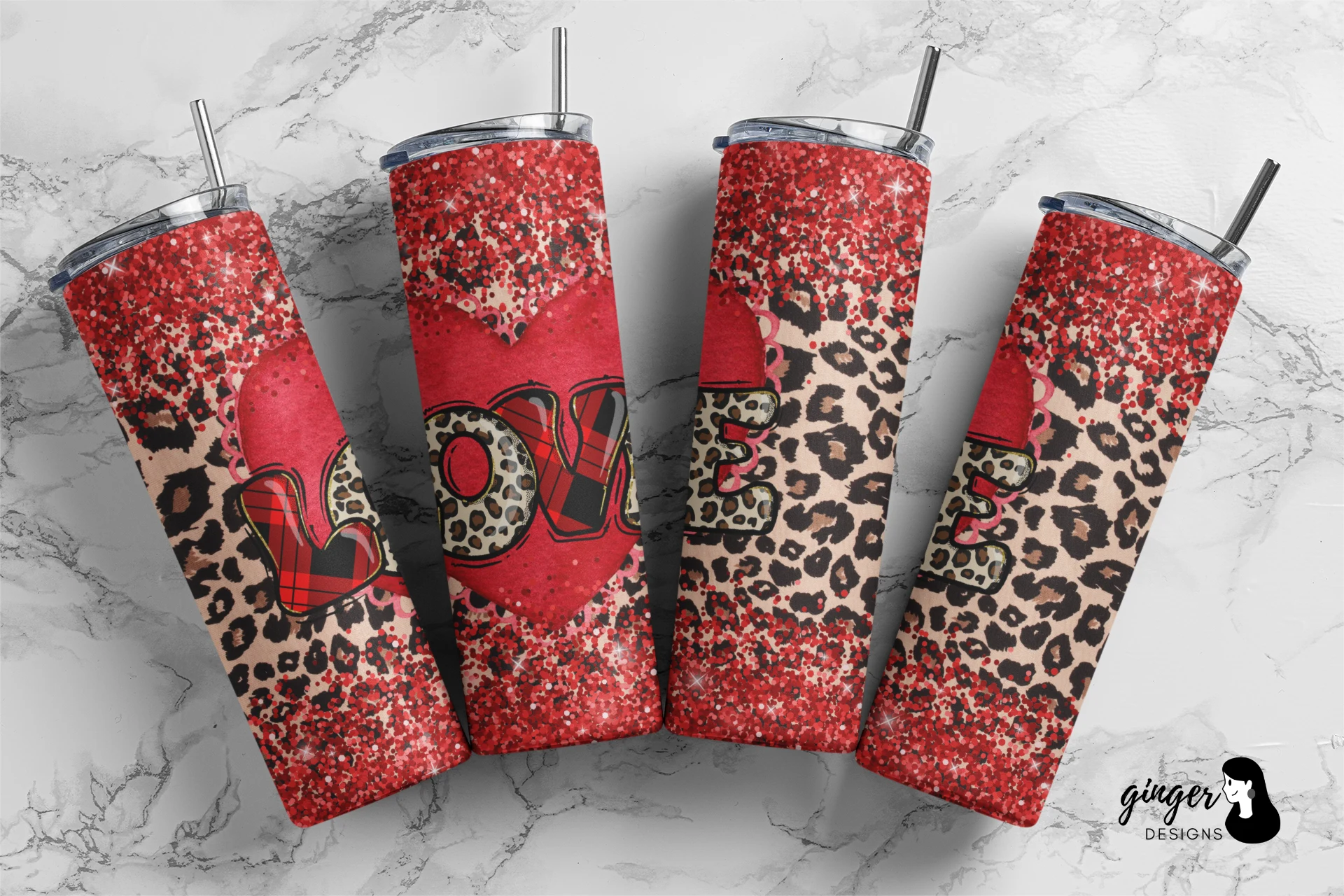 Love Leopard Red Glitter Skinny Tumbler sublimation design preview