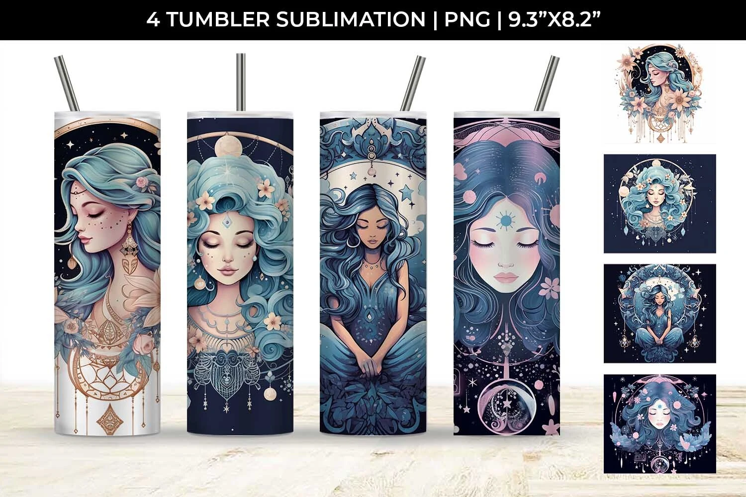 Luna Boho Goddess - Tumbler Pastel Wrap preview showing sublimation design with composition