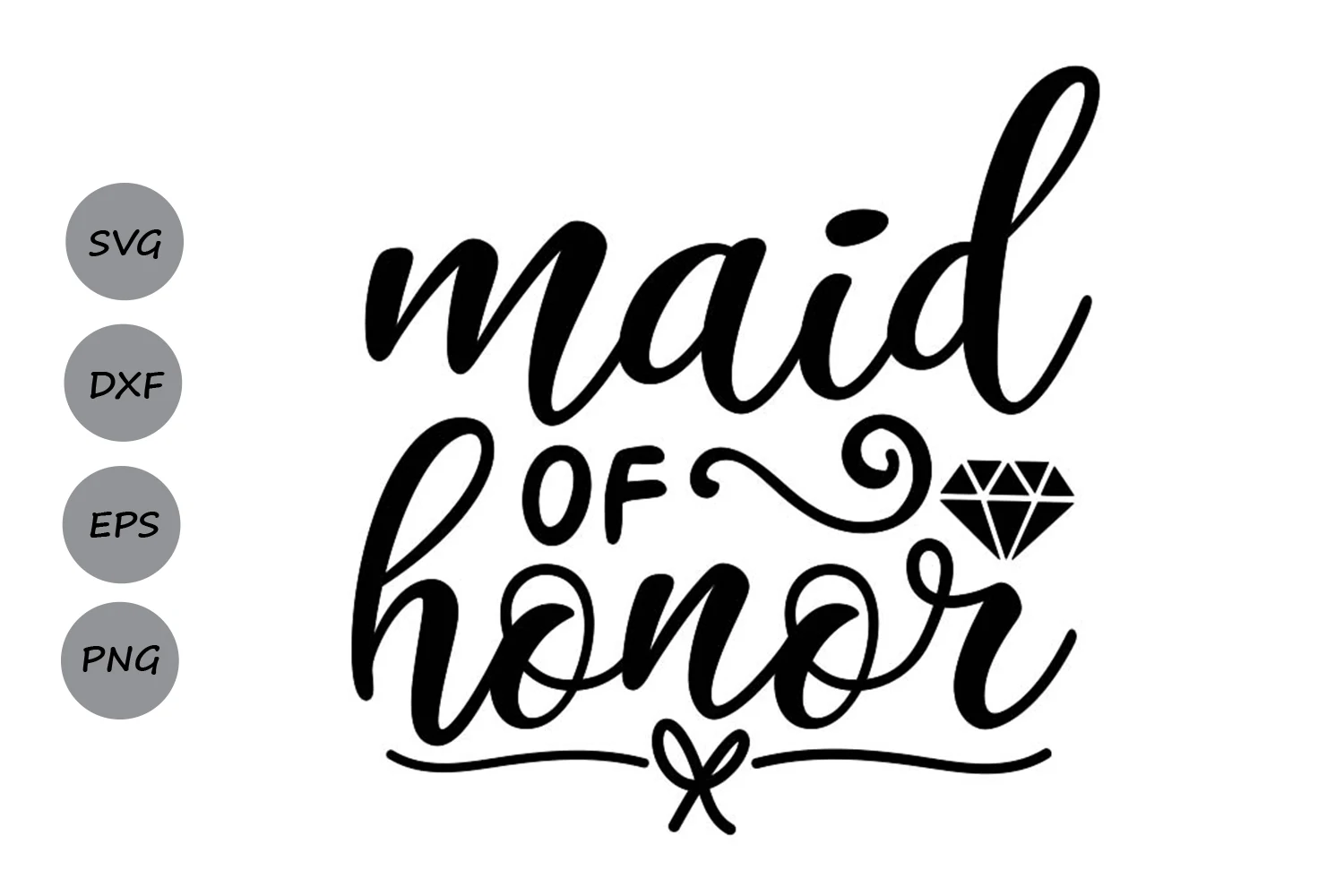 Maid of Honor SVG cut file design featuring elegant script lettering, a geometric diamond icon, and a small bow graphic.