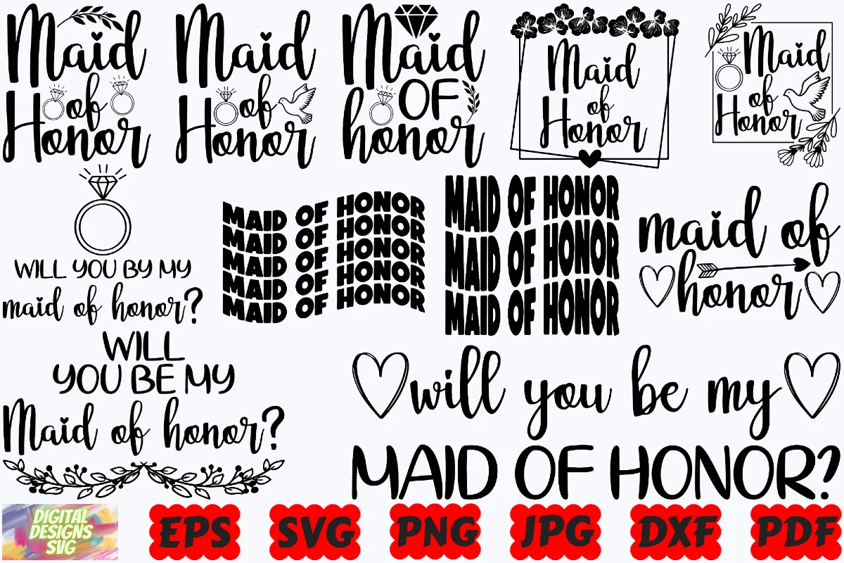 Maid of Honor SVG | Bride SVG | Wedding featuring Maid of Honor text compositions and diamond rings